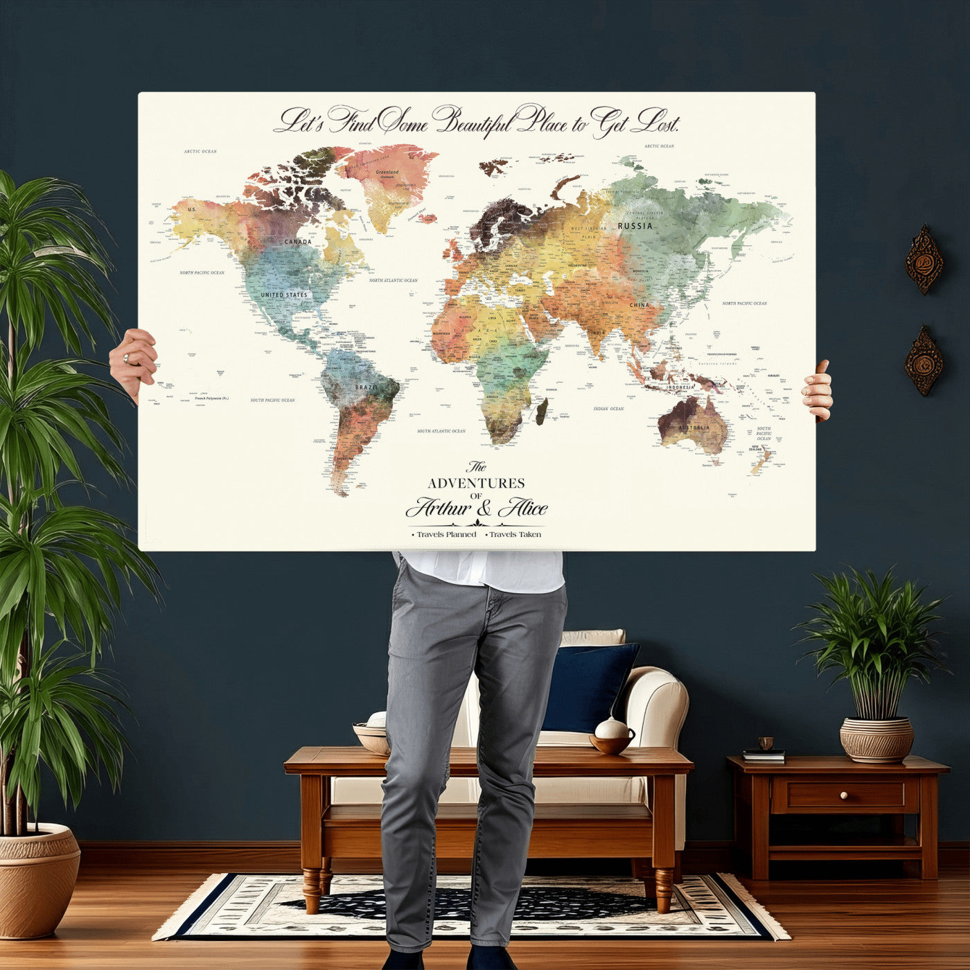 73360781-MGV-CV-36X24 - Custom Push Pin World Map Wall Art Canvas Print – Personalized Travel Tracker with Pins Framed Large for Home and Office Decor