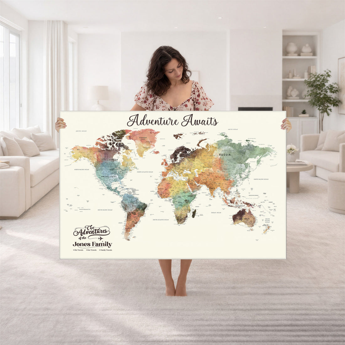 Custom Beige World Map Canvas with Push Pins, Honeymoon and Anniversary Gift, Dining Room and Entryway Decor