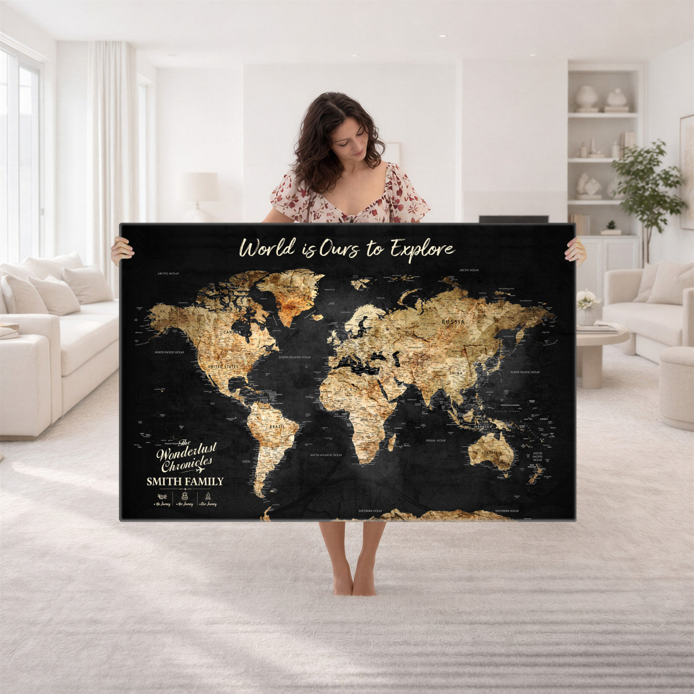 73732636-MGV-CV-36X24 - Custom Push Pin World Map Wall Art Canvas Print – Personalized Travel Tracker with Pins Framed Large for Home and Office Decor