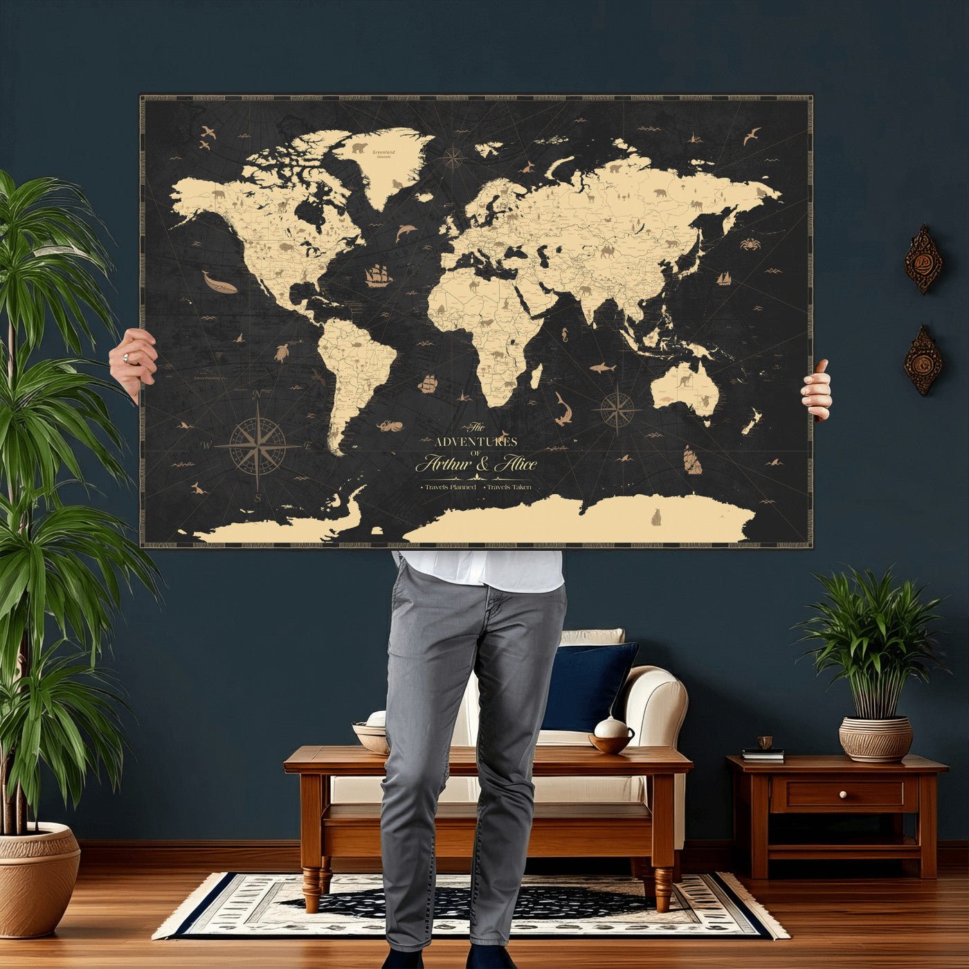 23208482-MGV-CV-36X24 - Custom Push Pin World Map Wall Art Canvas Print – Personalized Travel Tracker with Pins Framed Large for Home and Office Decor