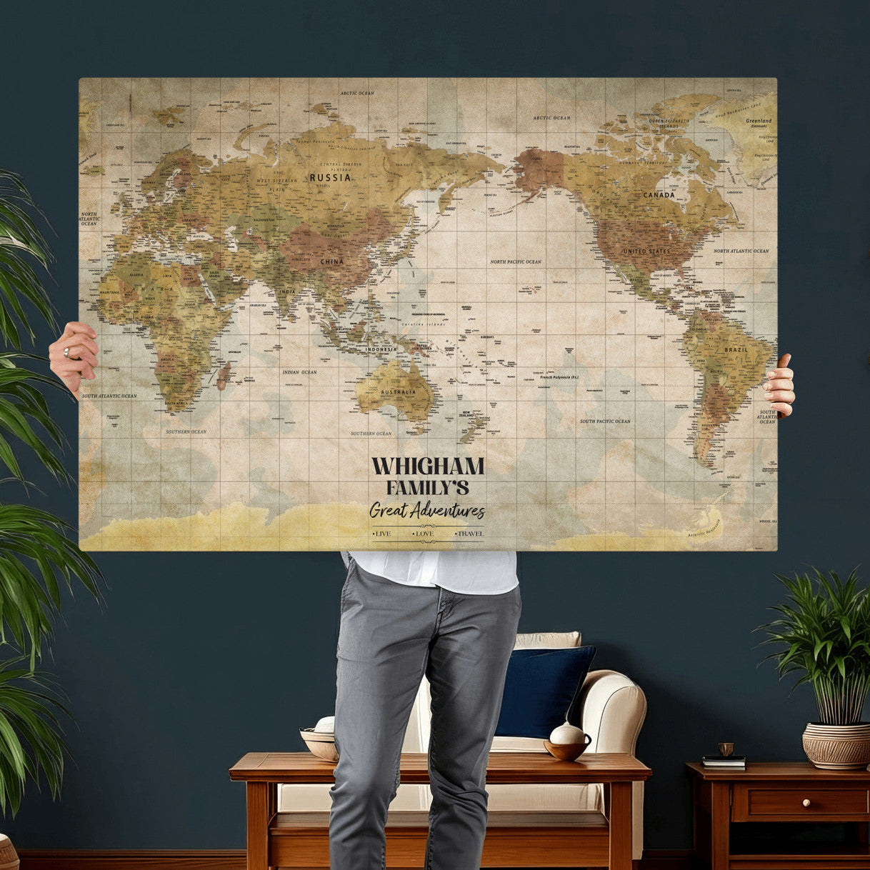 98110883-MGV-CV-36X24 - Custom Push Pin World Map Wall Art Canvas Print – Personalized Travel Tracker with Pins Framed Large for Home and Office Decor