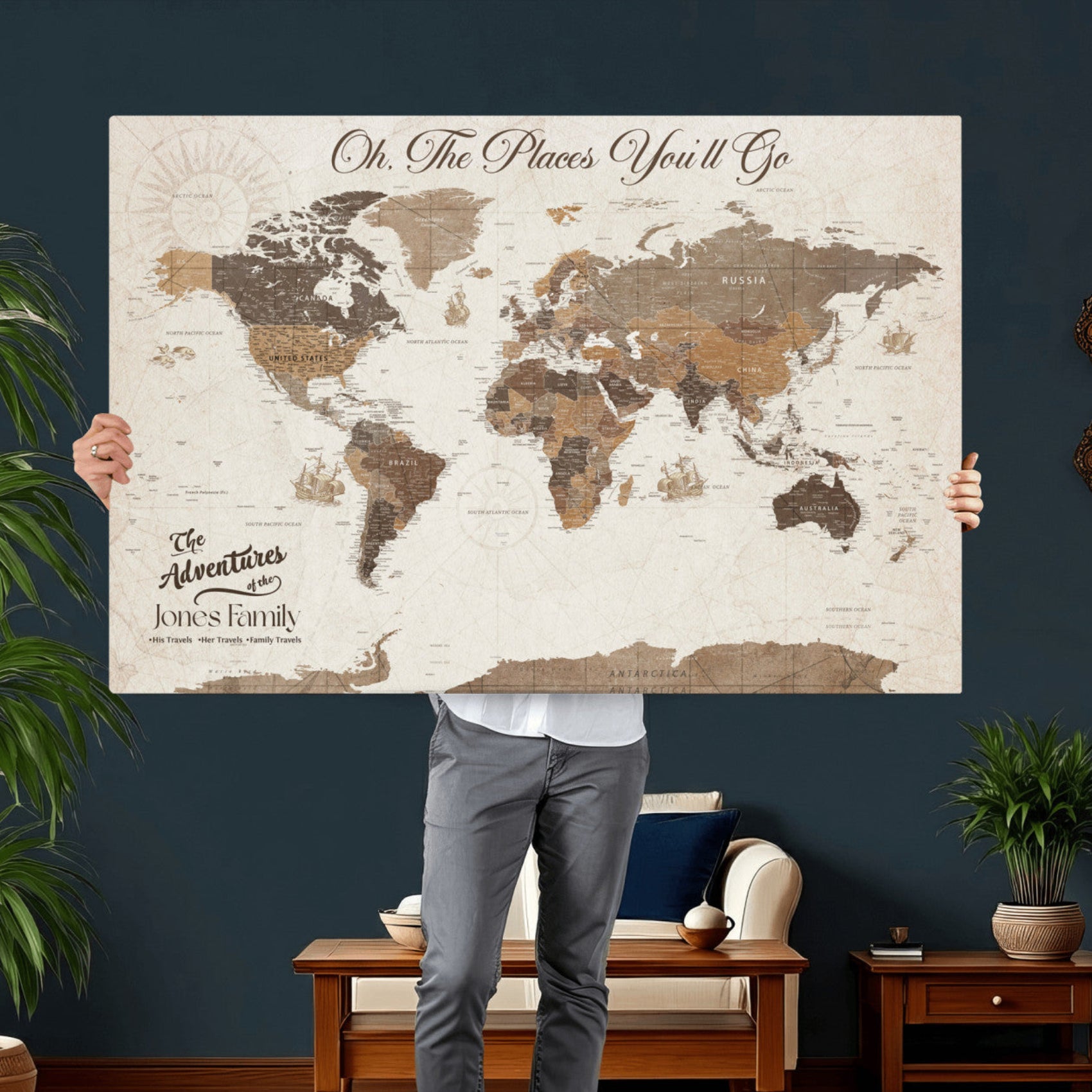 99085321-MGV-CV-36X24 - Custom Push Pin World Map Wall Art Canvas Print – Personalized Travel Tracker with Pins Framed Large for Home and Office Decor