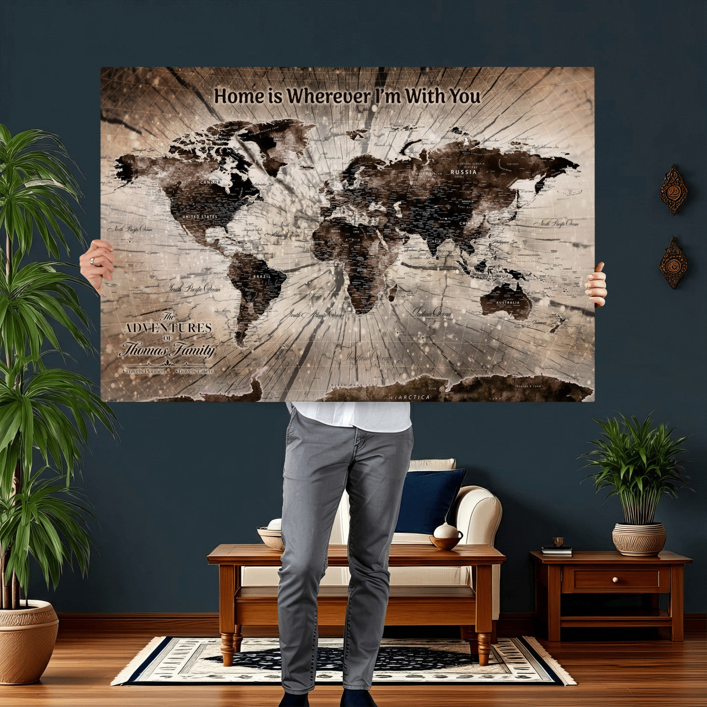 12350515-MGV-CV-36X24 - Custom Push Pin World Map Wall Art Canvas Print – Personalized Travel Tracker with Pins Framed Large for Home and Office Decor