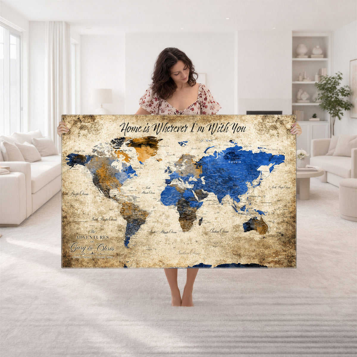 13332533-MGV-CV-36X24 - Personalized Framed Beige World Map Canvas with Push Pins, Honeymoon and Anniversary Gift, Living Room and Home Office Decor
