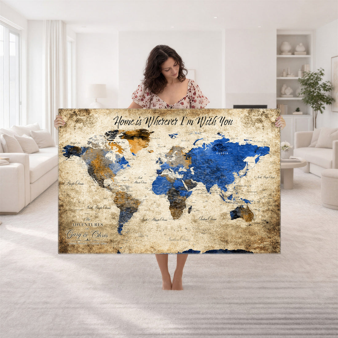 Personalized Framed Beige World Map Canvas with Push Pins, Honeymoon and Anniversary Gift, Living Room and Home Office Decor