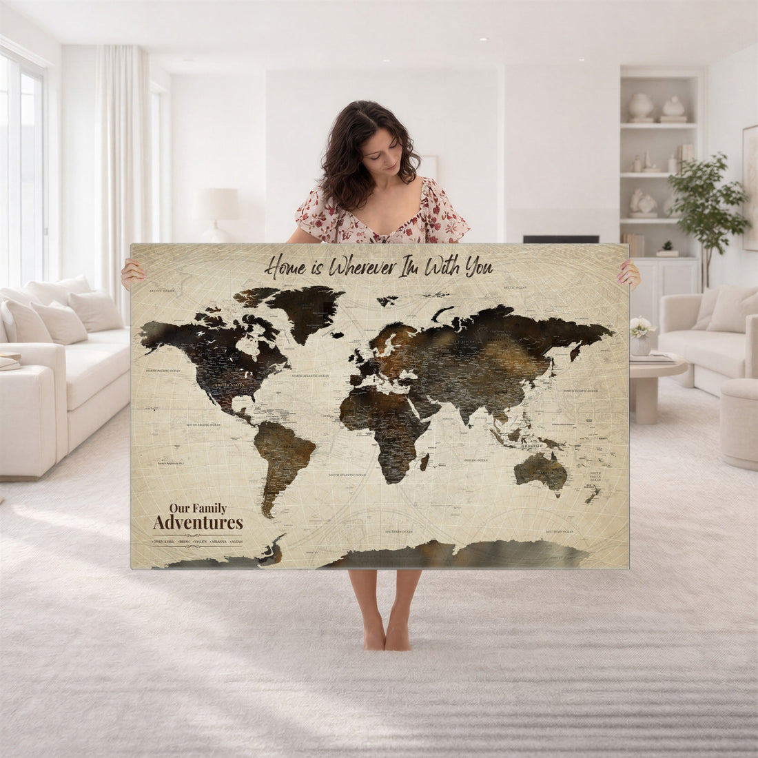 Custom Beige Push Pin World Map Wall Art, Family Travel Tracker, Dining Room and Bedroom Decor