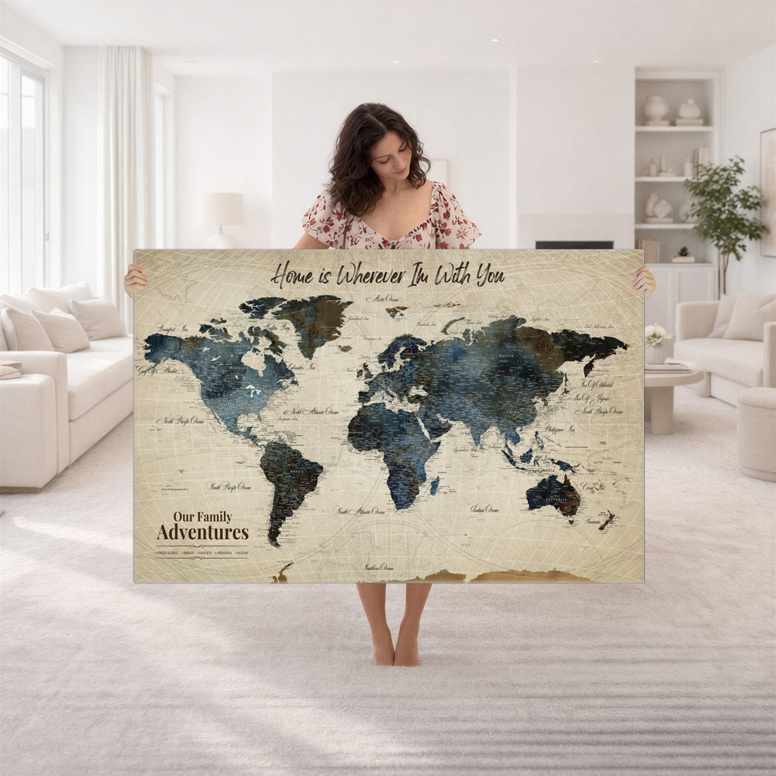 Personalized Framed Black Modern Push Pin Travel Map Canvas Print, Family Travel Tracker, Home Office and Entryway Decor