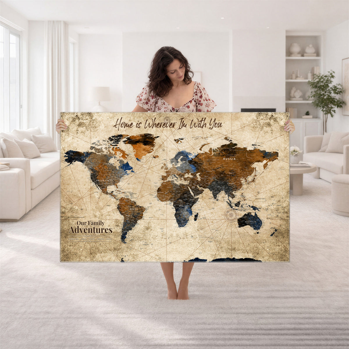 17548029-MGV-CV-36X24 - Personalized Framed Beige Modern Push Pin World Map Canvas Print, Bucket List Map, Home Office and Study Decor