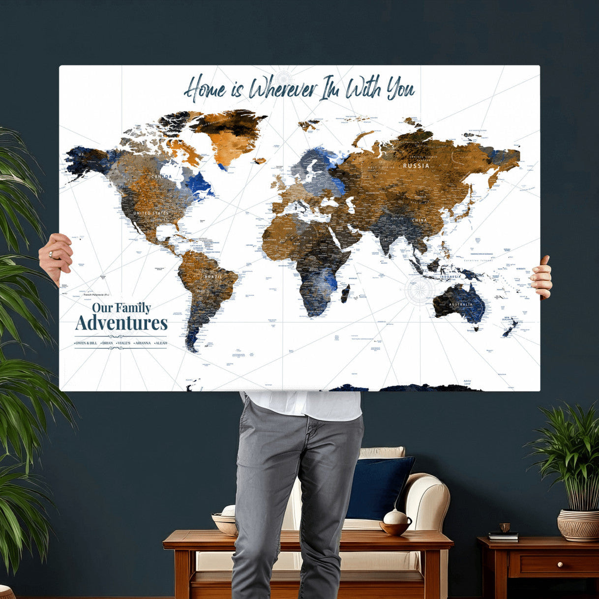 75259864-MGV-CV-36X24 - Custom Push Pin World Map Wall Art Canvas Print – Personalized Travel Tracker with Pins Framed Large for Home and Office Decor