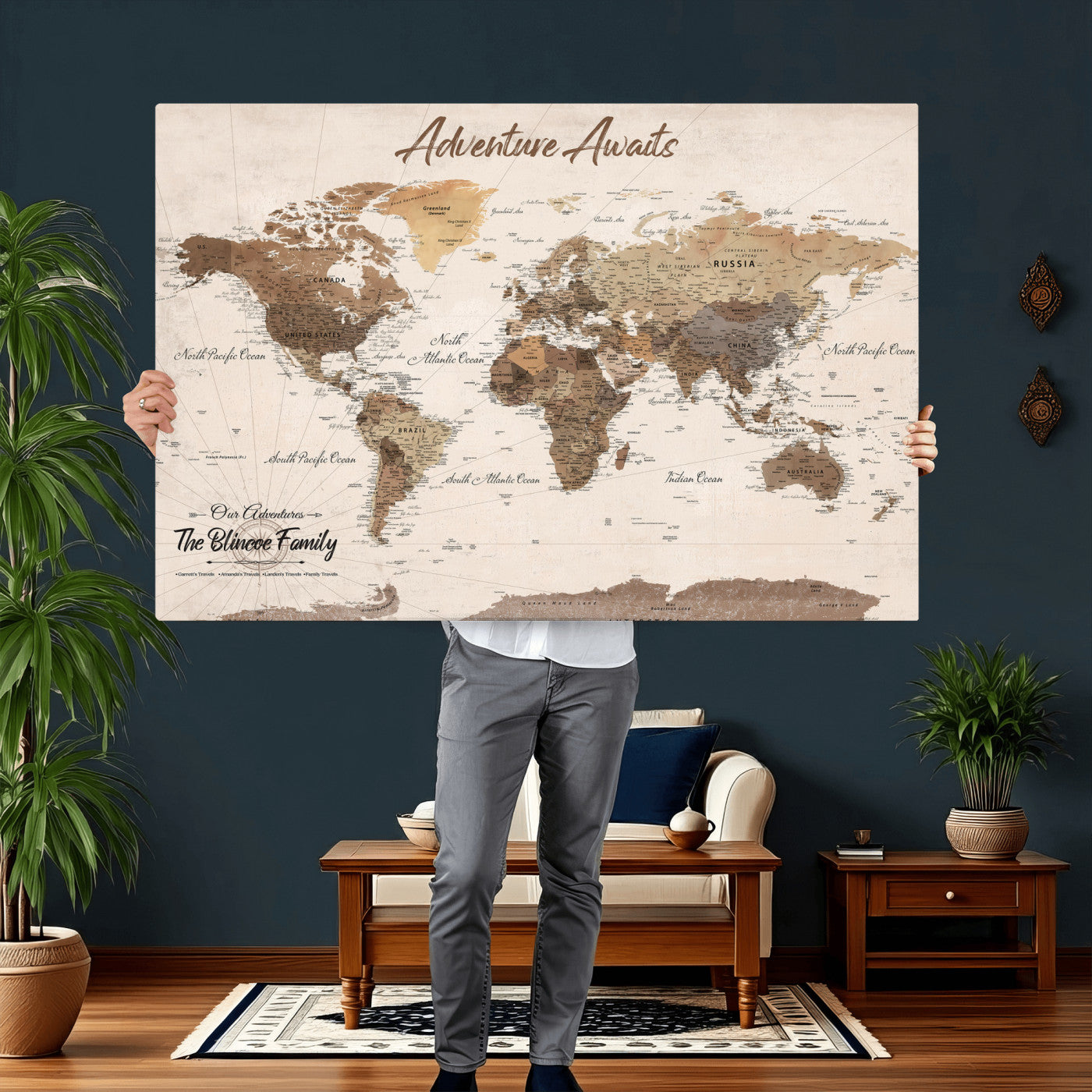64110351-MGV-CV-36X24 - Custom Push Pin World Map Wall Art Canvas Print – Personalized Travel Tracker with Pins Framed Large for Home and Office Decor