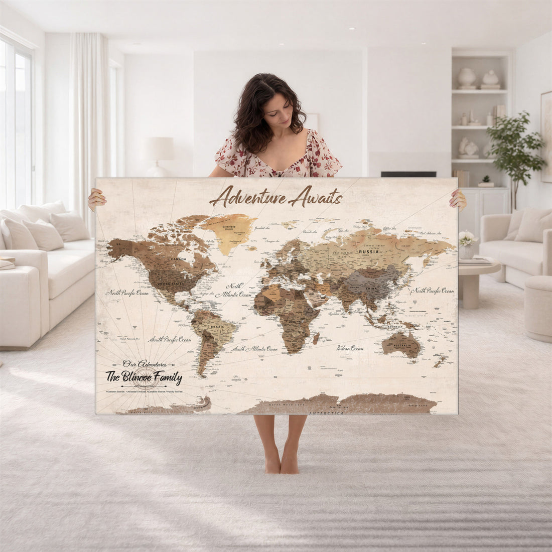 Personalized Framed White Modern Push Pin Travel Map Canvas Print, Bucket List Map, Dining Room and Study Decor
