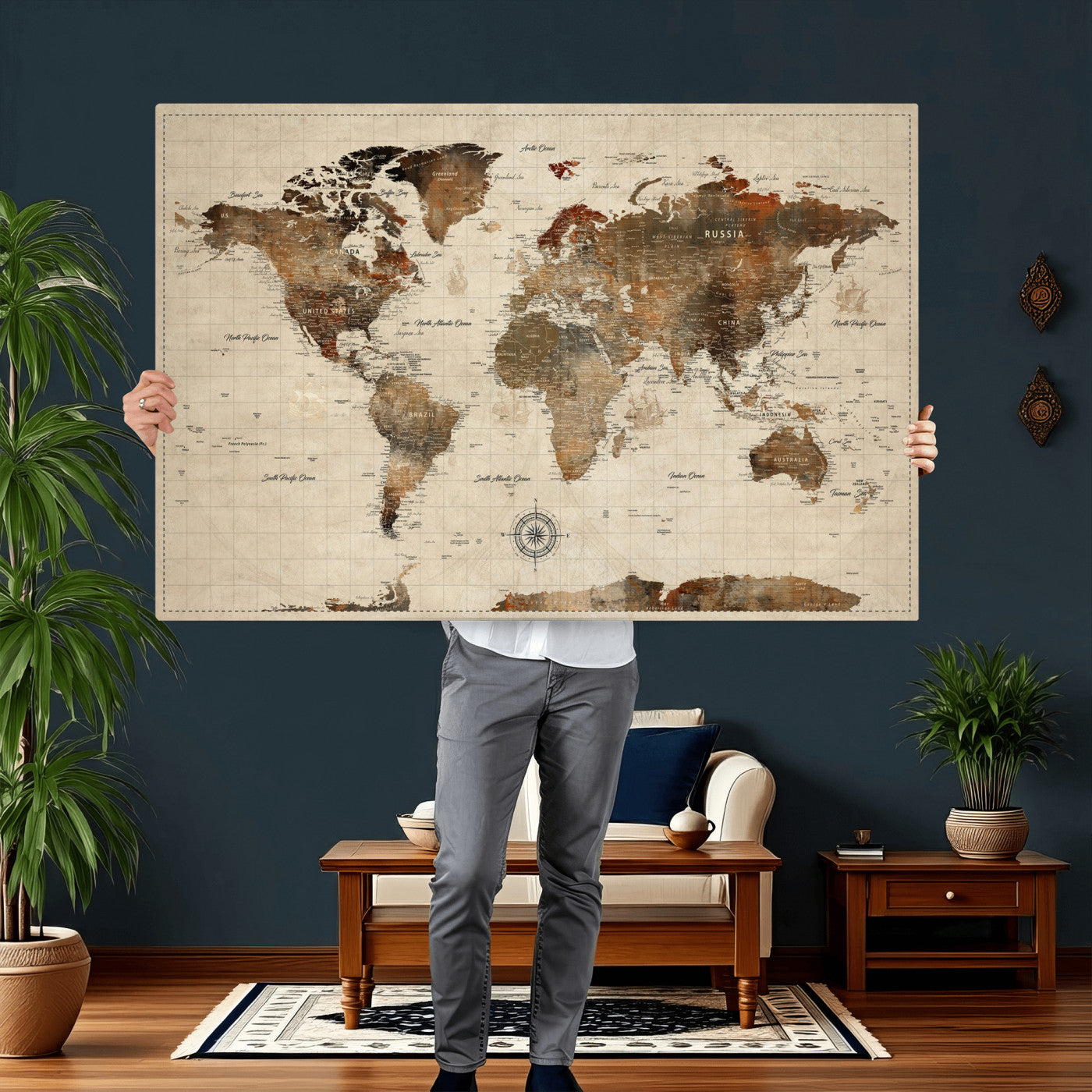 23610090-MGV-CV-36X24 - World Map Wall Art Canvas Print, Modern Decorative Framed Map Artwork Prints for Living Room, Office, Bedroom Wall Decor