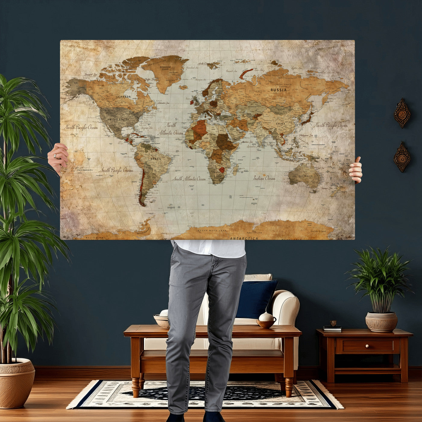 74176056-MGV-CV-36X24 - World Map Wall Art Canvas Print, Modern Decorative Framed Map Artwork Prints for Living Room, Office, Bedroom Wall Decor