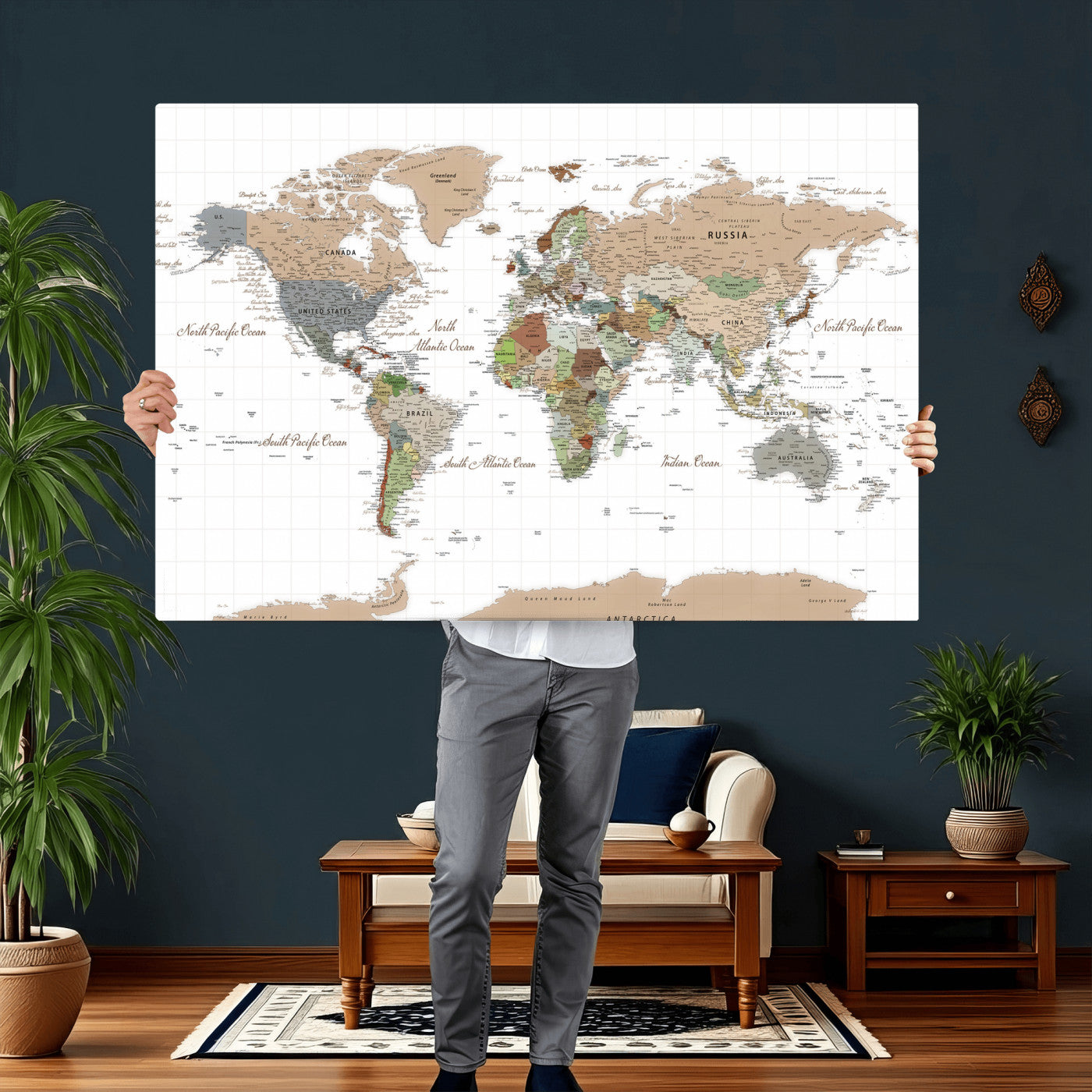 91286788-MGV-CV-36X24 - World Map Wall Art Canvas Print, Modern Decorative Framed Map Artwork Prints for Living Room, Office, Bedroom Wall Decor