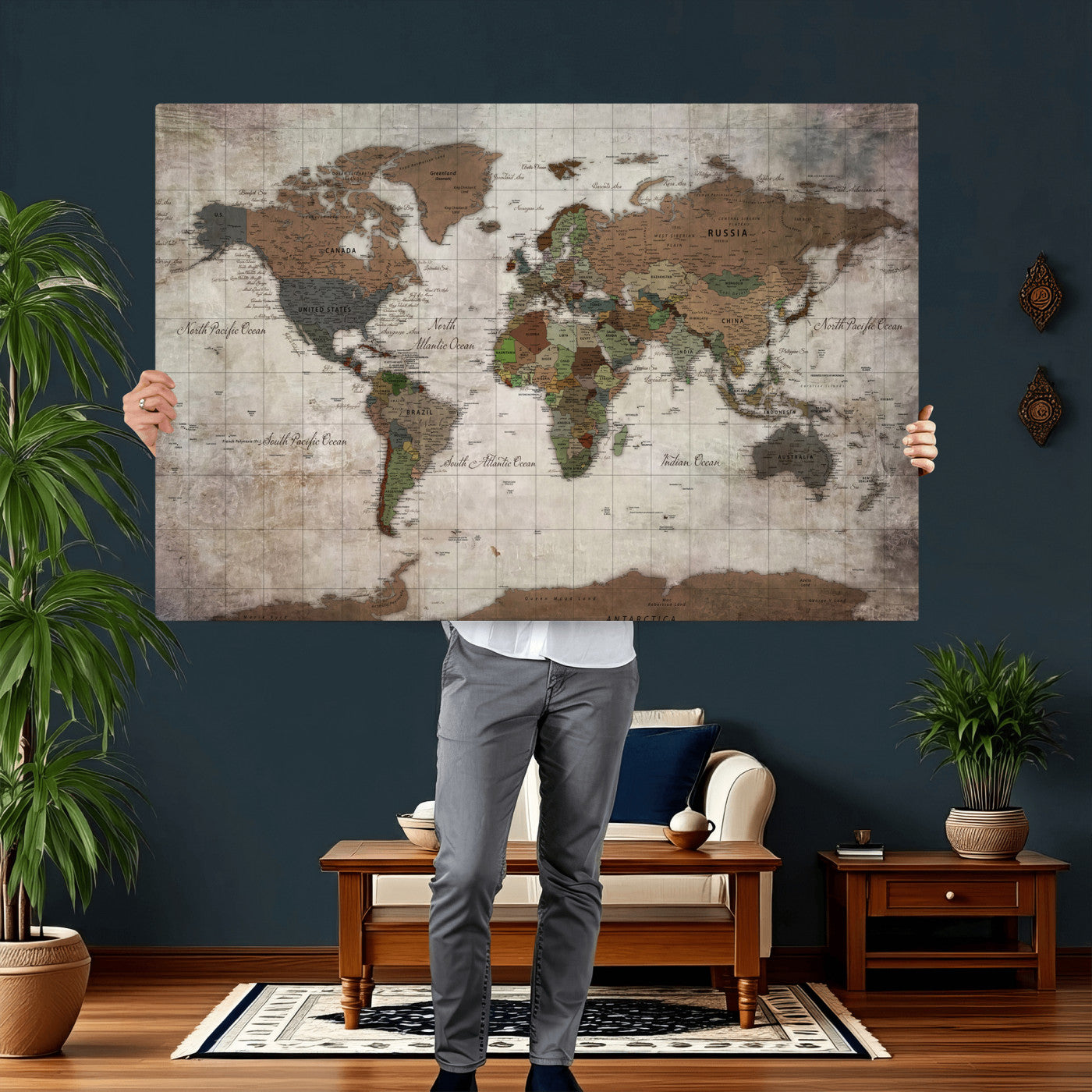 65393892-MGV-CV-36X24 - World Map Wall Art Canvas Print, Modern Decorative Framed Map Artwork Prints for Living Room, Office, Bedroom Wall Decor