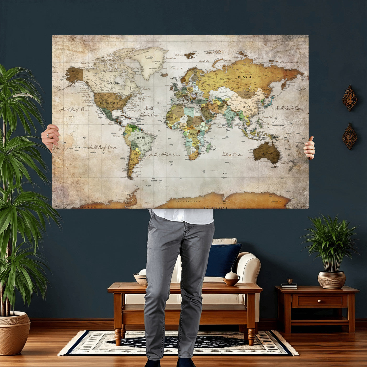 86108417-MGV-CV-36X24 - World Map Wall Art Canvas Print, Modern Decorative Framed Map Artwork Prints for Living Room, Office, Bedroom Wall Decor