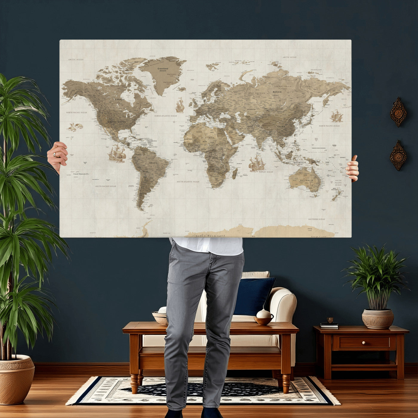 28283260-MGV-CV-36X24 - World Map Wall Art Canvas Print, Modern Decorative Framed Map Artwork Prints for Living Room, Office, Bedroom Wall Decor