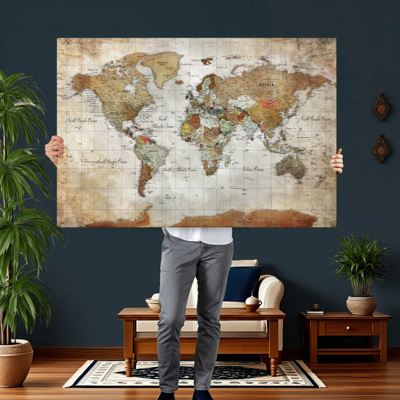 19855445-MGV-CV-36X24 - World Map Wall Art Canvas Print, Modern Decorative Framed Map Artwork Prints for Living Room, Office, Bedroom Wall Decor