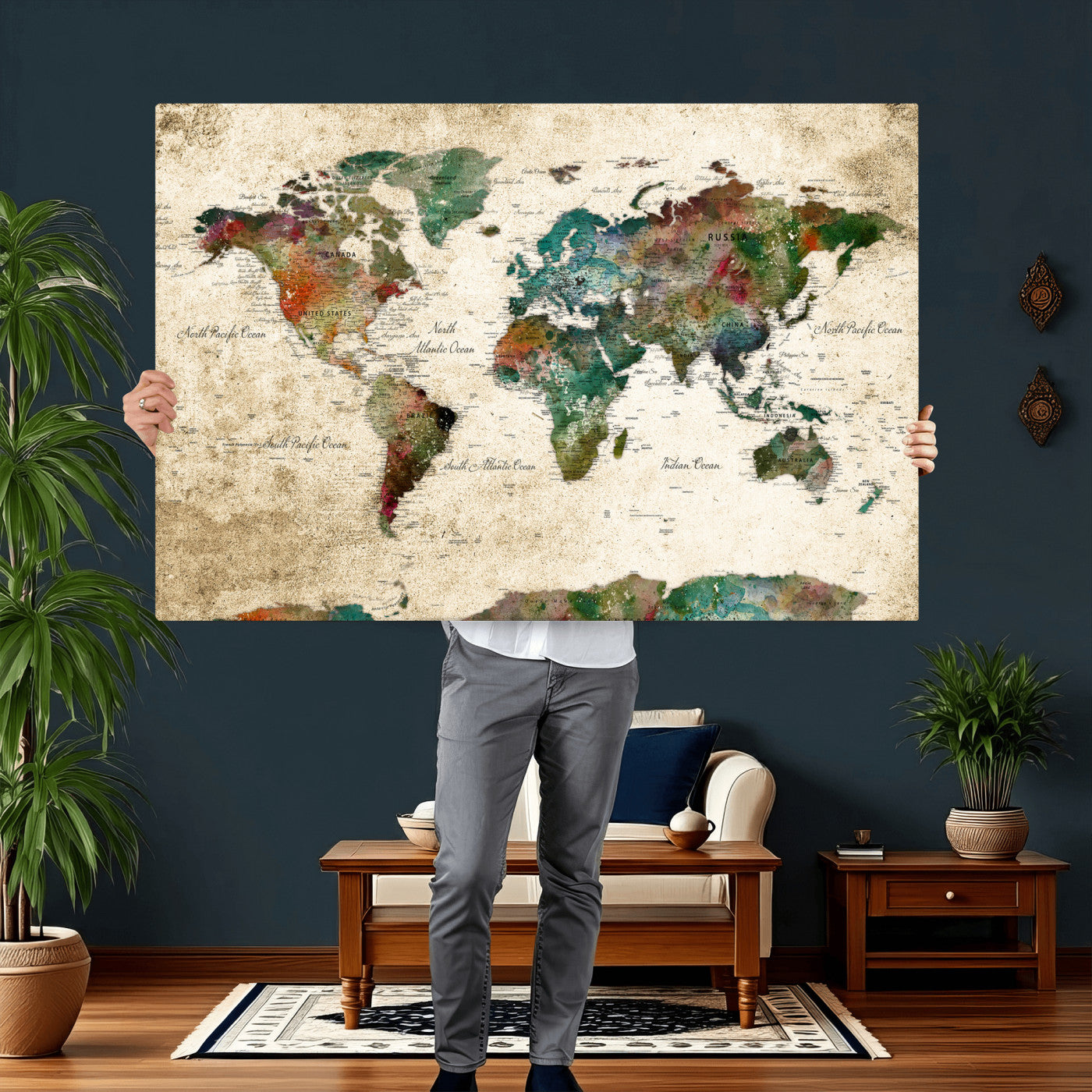 87544591-MGV-CV-36X24 - World Map Wall Art Canvas Print, Modern Decorative Framed Map Artwork Prints for Living Room, Office, Bedroom Wall Decor