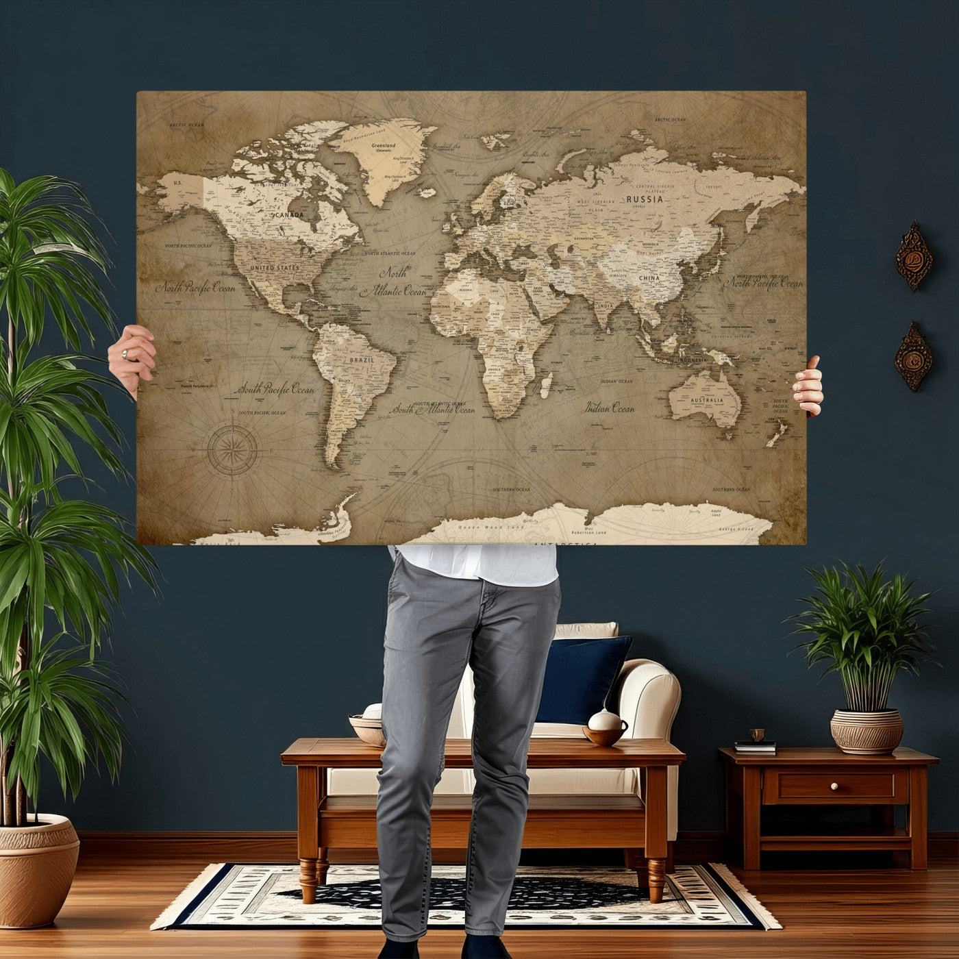 82314635-MGV-CV-36X24 - World Map Wall Art Canvas Print, Modern Decorative Framed Map Artwork Prints for Living Room, Office, Bedroom Wall Decor