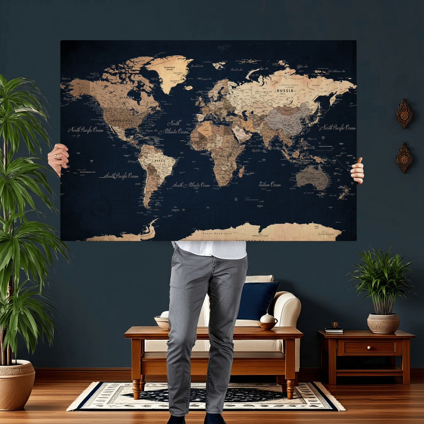 53971530-MGV-CV-36X24 - World Map Wall Art Canvas Print, Modern Decorative Framed Map Artwork Prints for Living Room, Office, Bedroom Wall Decor