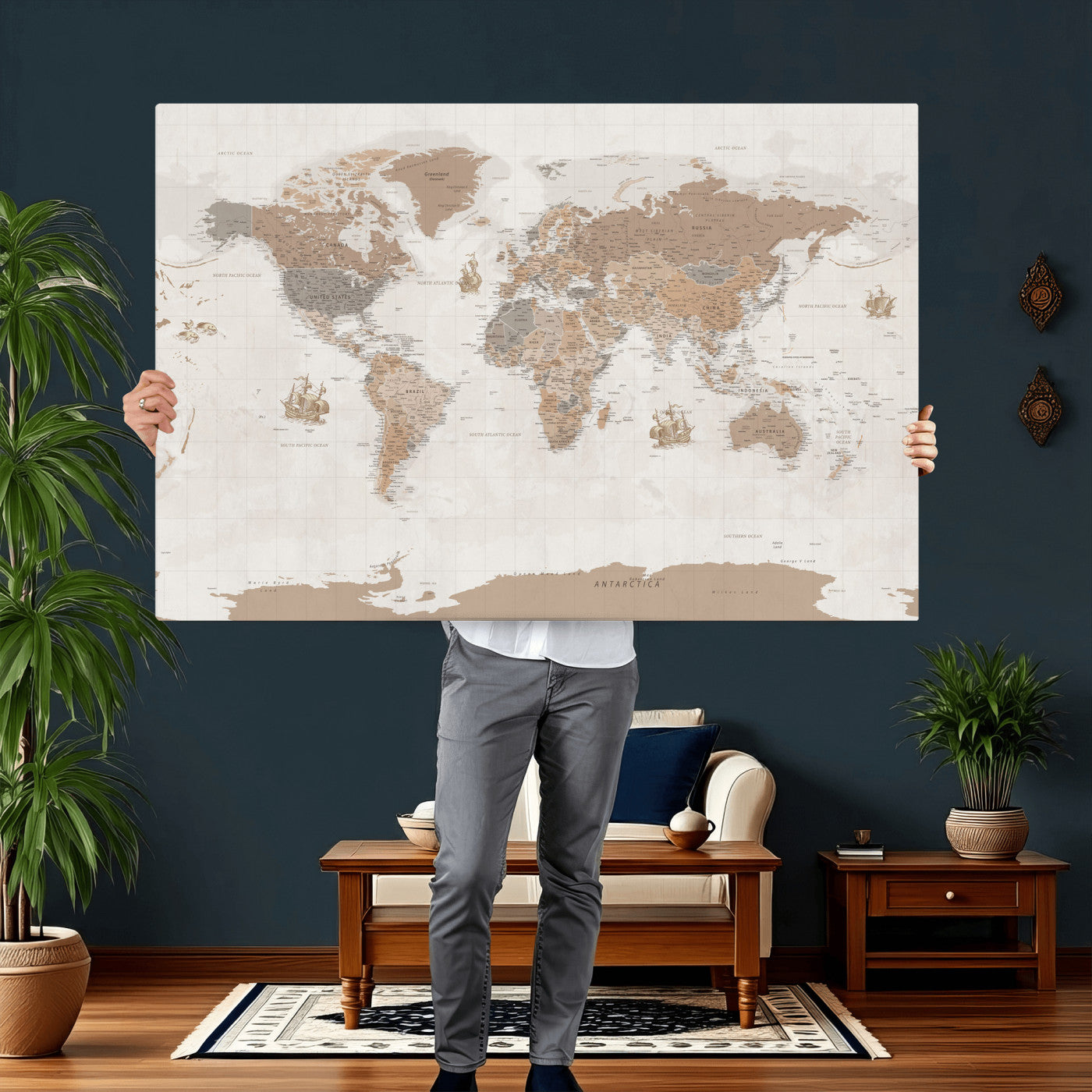 85057279-MGV-CV-36X24 - World Map Wall Art Canvas Print, Modern Decorative Framed Map Artwork Prints for Living Room, Office, Bedroom Wall Decor