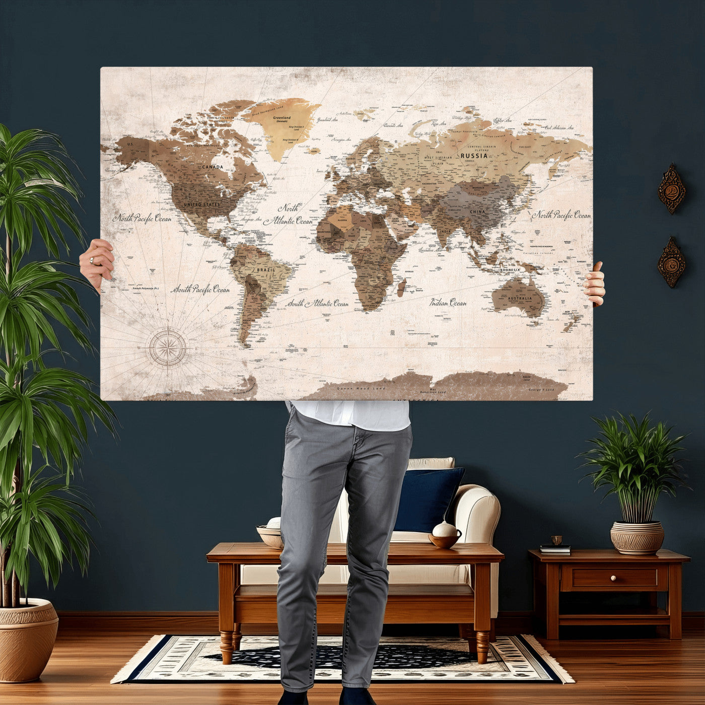 38923639-MGV-CV-36X24 - World Map Wall Art Canvas Print, Modern Decorative Framed Map Artwork Prints for Living Room, Office, Bedroom Wall Decor
