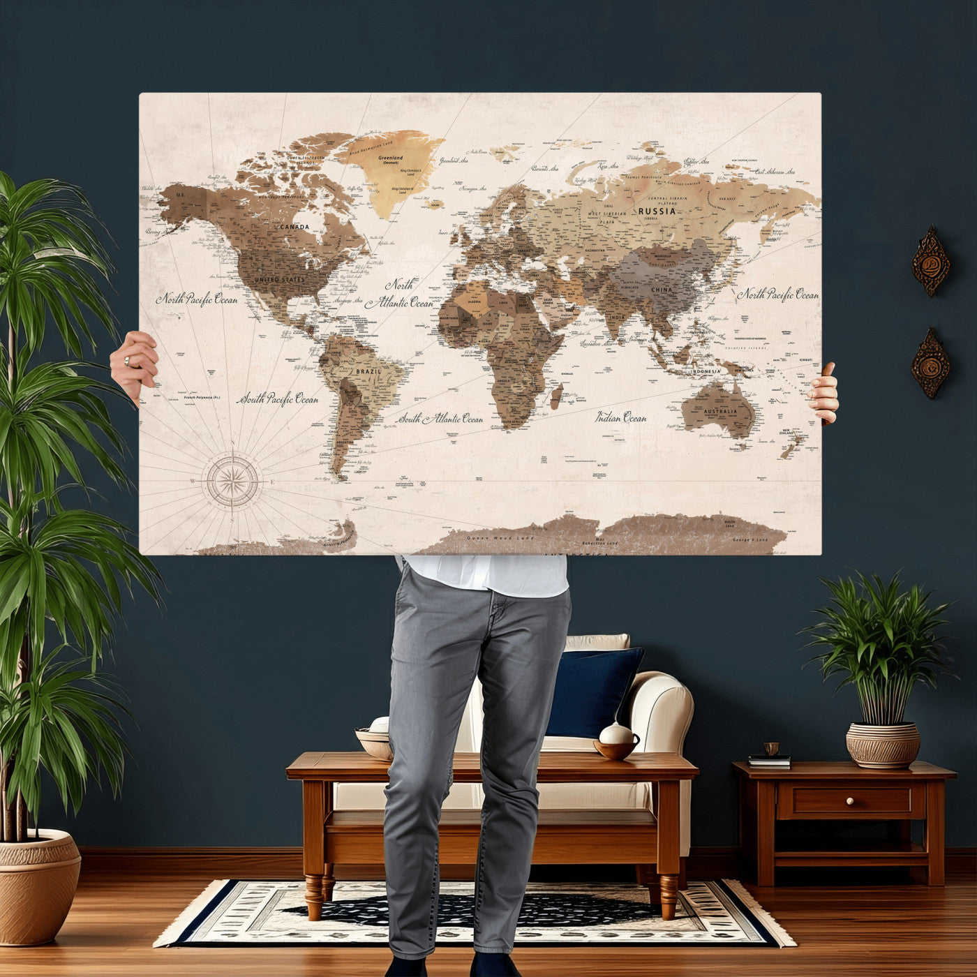69860078-MGV-CV-36X24 - World Map Wall Art Canvas Print, Modern Decorative Framed Map Artwork Prints for Living Room, Office, Bedroom Wall Decor