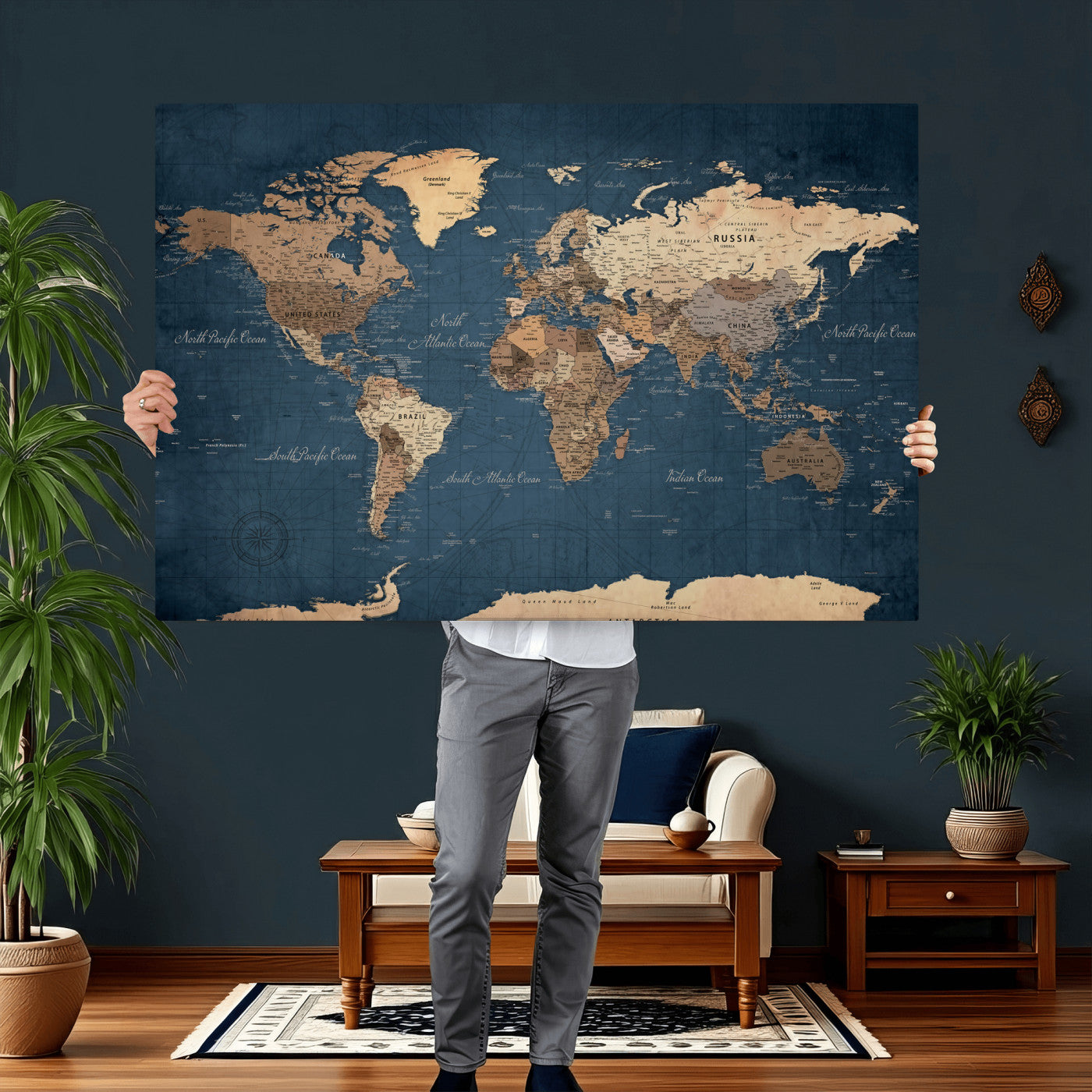 69886352-MGV-CV-36X24 - World Map Wall Art Canvas Print, Modern Decorative Framed Map Artwork Prints for Living Room, Office, Bedroom Wall Decor