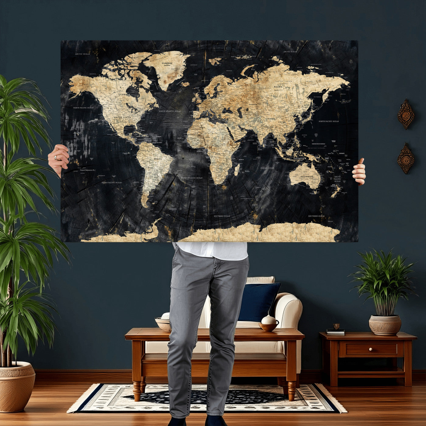 45535041-MGV-CV-36X24 - World Map Wall Art Canvas Print, Modern Decorative Framed Map Artwork Prints for Living Room, Office, Bedroom Wall Decor