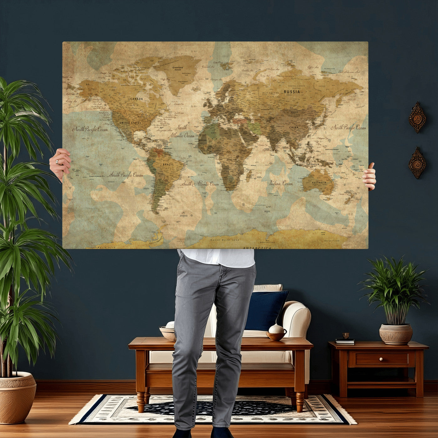 89356927-MGV-CV-36X24 - World Map Wall Art Canvas Print, Modern Decorative Framed Map Artwork Prints for Living Room, Office, Bedroom Wall Decor