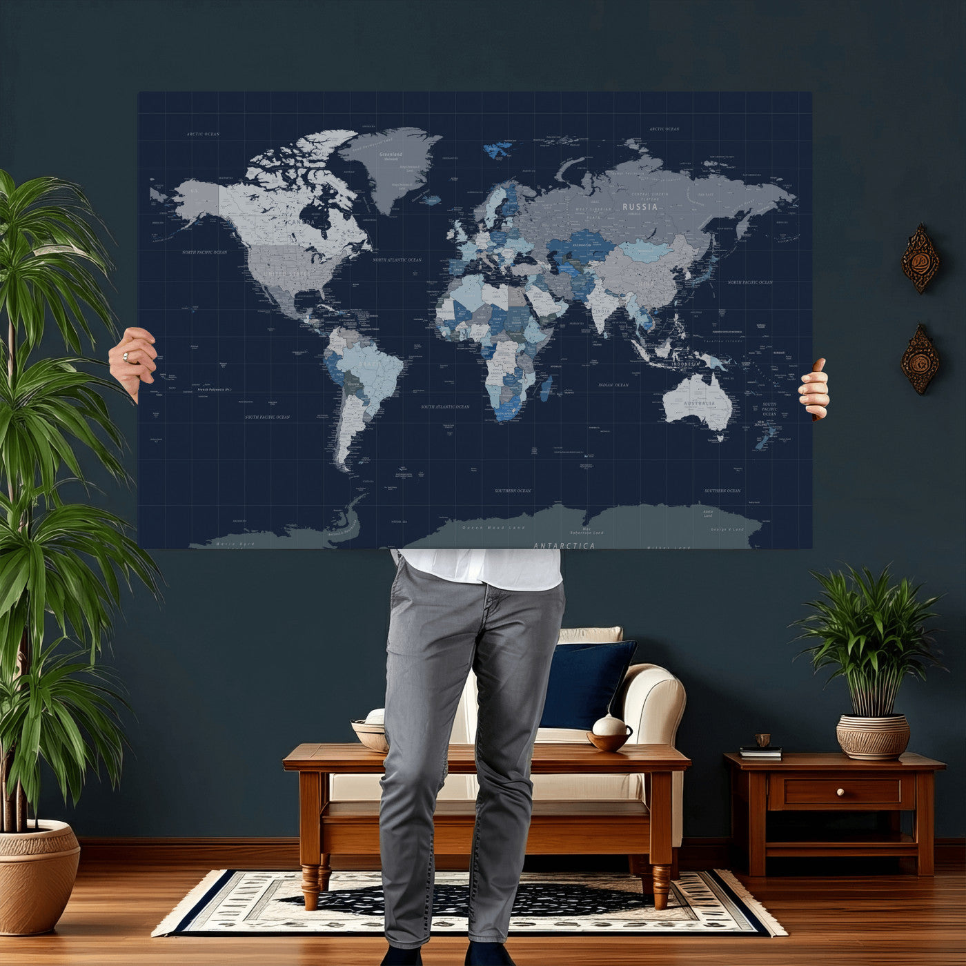 17712680-MGV-CV-36X24 - World Map Wall Art Canvas Print, Modern Decorative Framed Map Artwork Prints for Living Room, Office, Bedroom Wall Decor