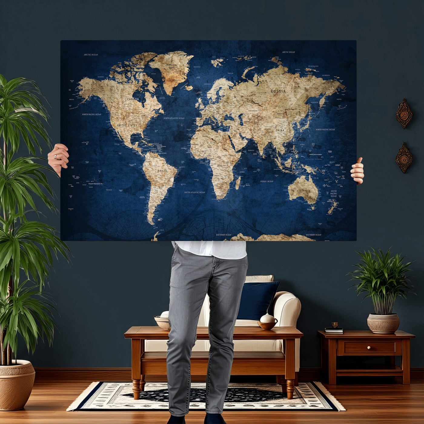 57503519-MGV-CV-36X24 - World Map Wall Art Canvas Print, Modern Decorative Framed Map Artwork Prints for Living Room, Office, Bedroom Wall Decor