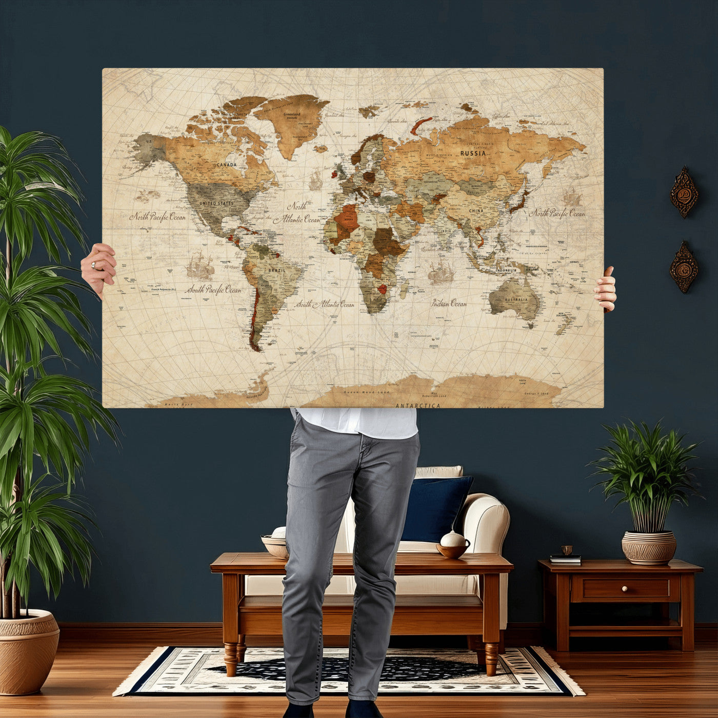 30704397-MGV-CV-36X24 - World Map Wall Art Canvas Print, Modern Decorative Framed Map Artwork Prints for Living Room, Office, Bedroom Wall Decor