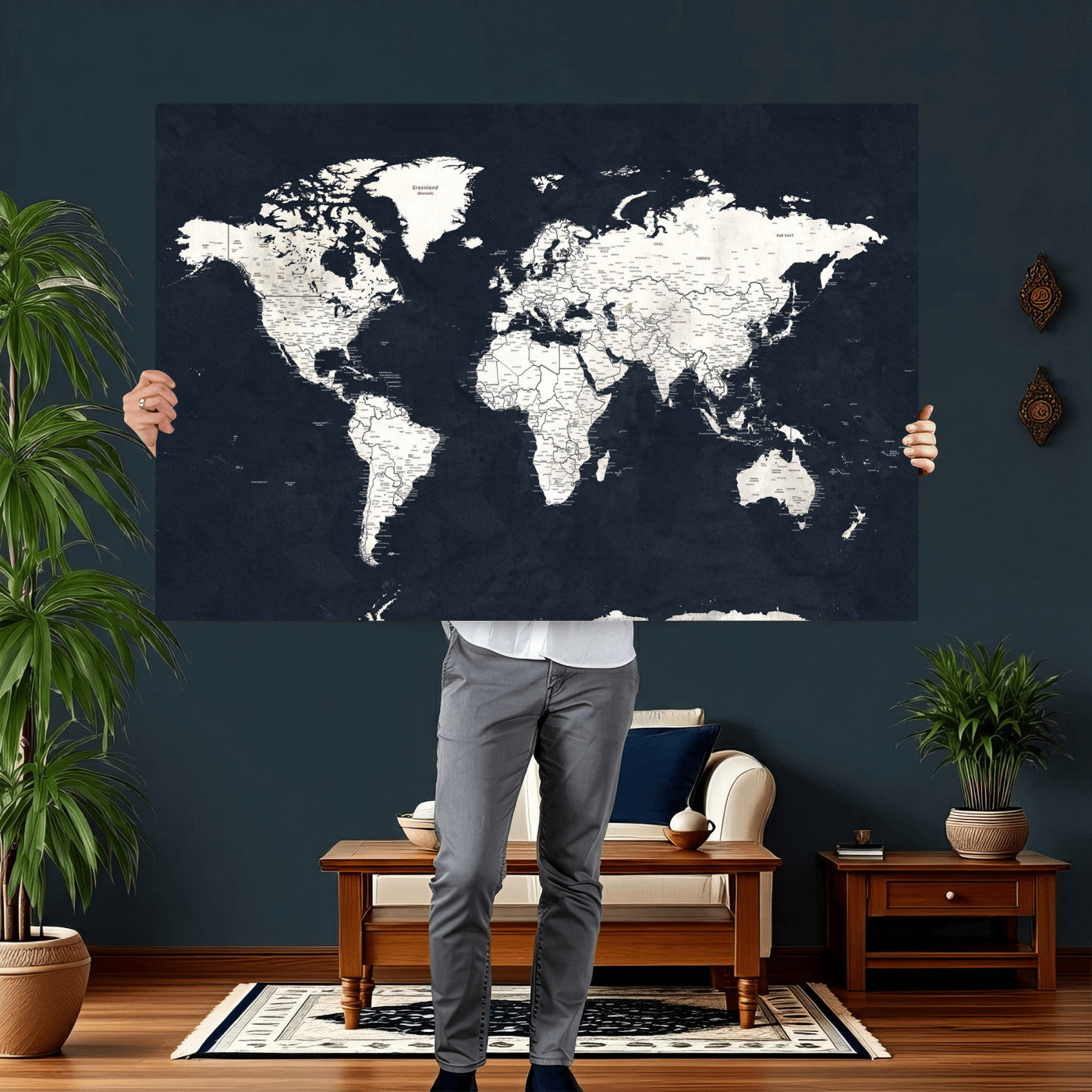 11963807-MGV-CV-36X24 - World Map Wall Art Canvas Print, Modern Decorative Framed Map Artwork Prints for Living Room, Office, Bedroom Wall Decor