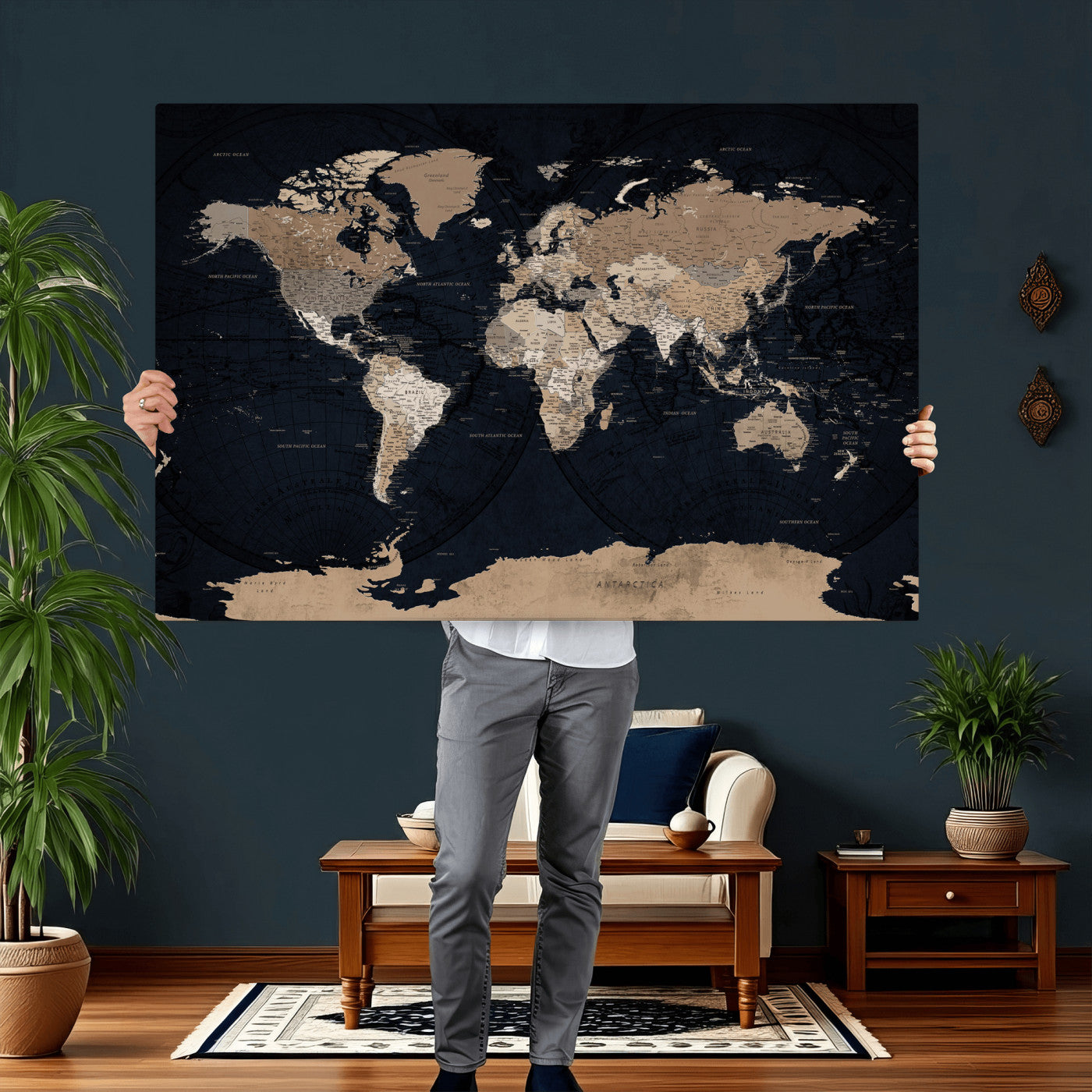 25812727-MGV-CV-36X24 - World Map Wall Art Canvas Print, Modern Decorative Framed Map Artwork Prints for Living Room, Office, Bedroom Wall Decor