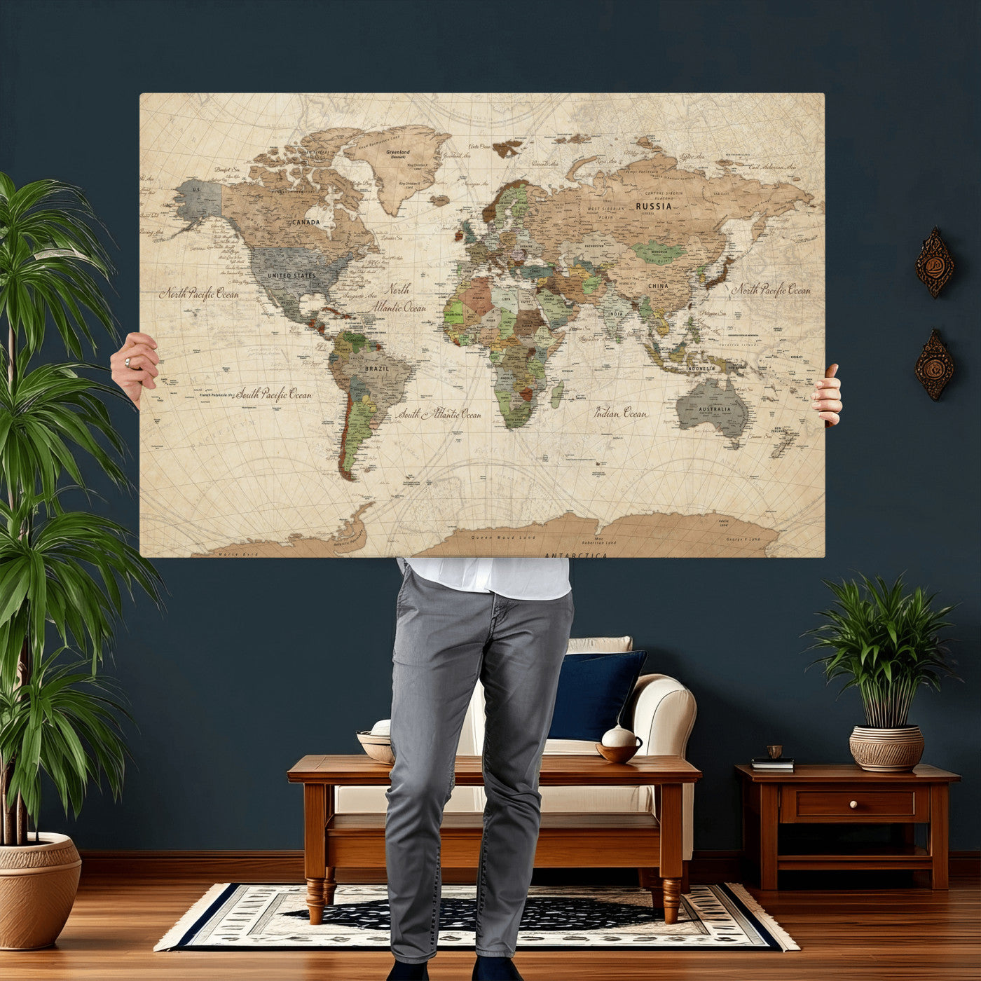 16856902-MGV-CV-36X24 - World Map Wall Art Canvas Print, Modern Decorative Framed Map Artwork Prints for Living Room, Office, Bedroom Wall Decor
