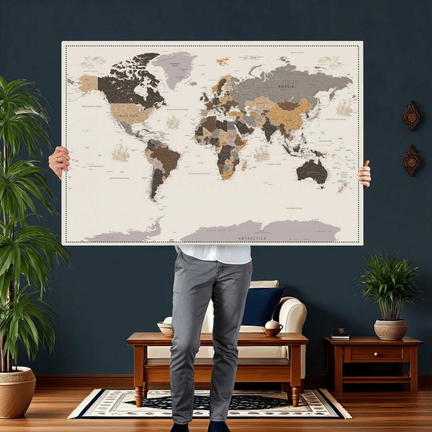58777746-MGV-CV-36X24 - World Map Wall Art Canvas Print, Modern Decorative Framed Map Artwork Prints for Living Room, Office, Bedroom Wall Decor