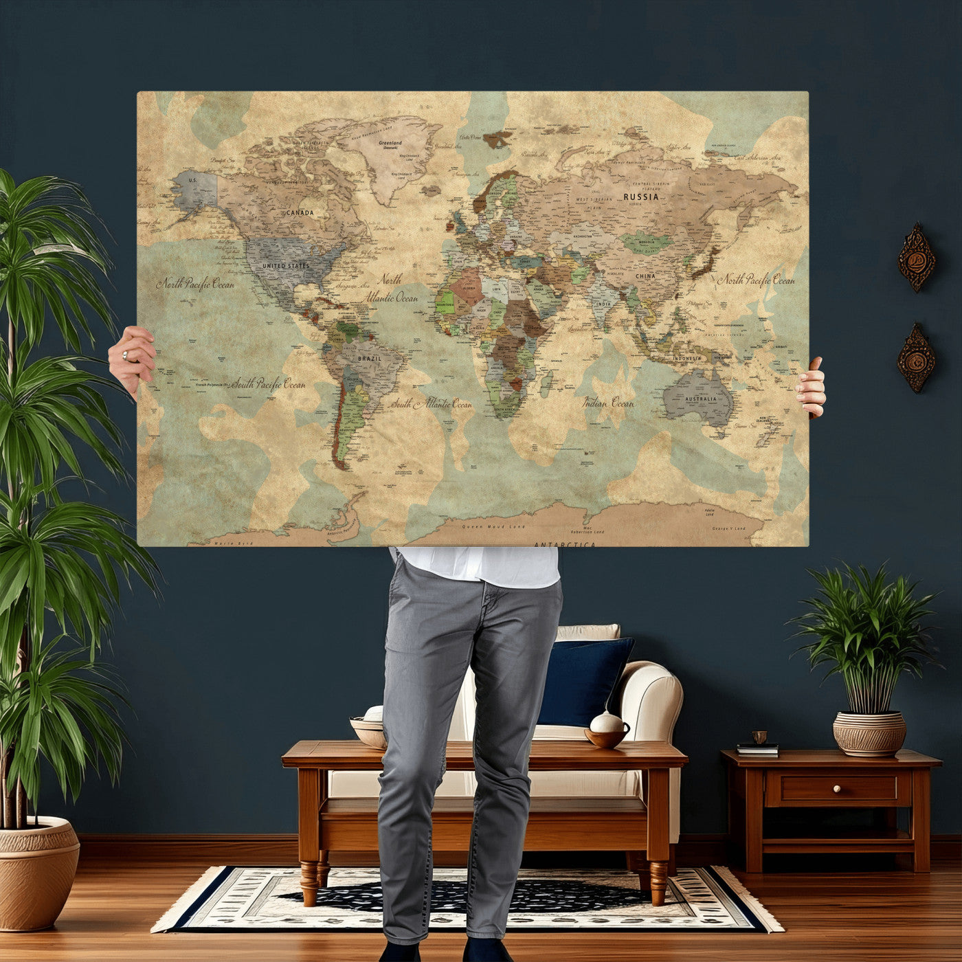 72396478-MGV-CV-36X24 - World Map Wall Art Canvas Print, Modern Decorative Framed Map Artwork Prints for Living Room, Office, Bedroom Wall Decor