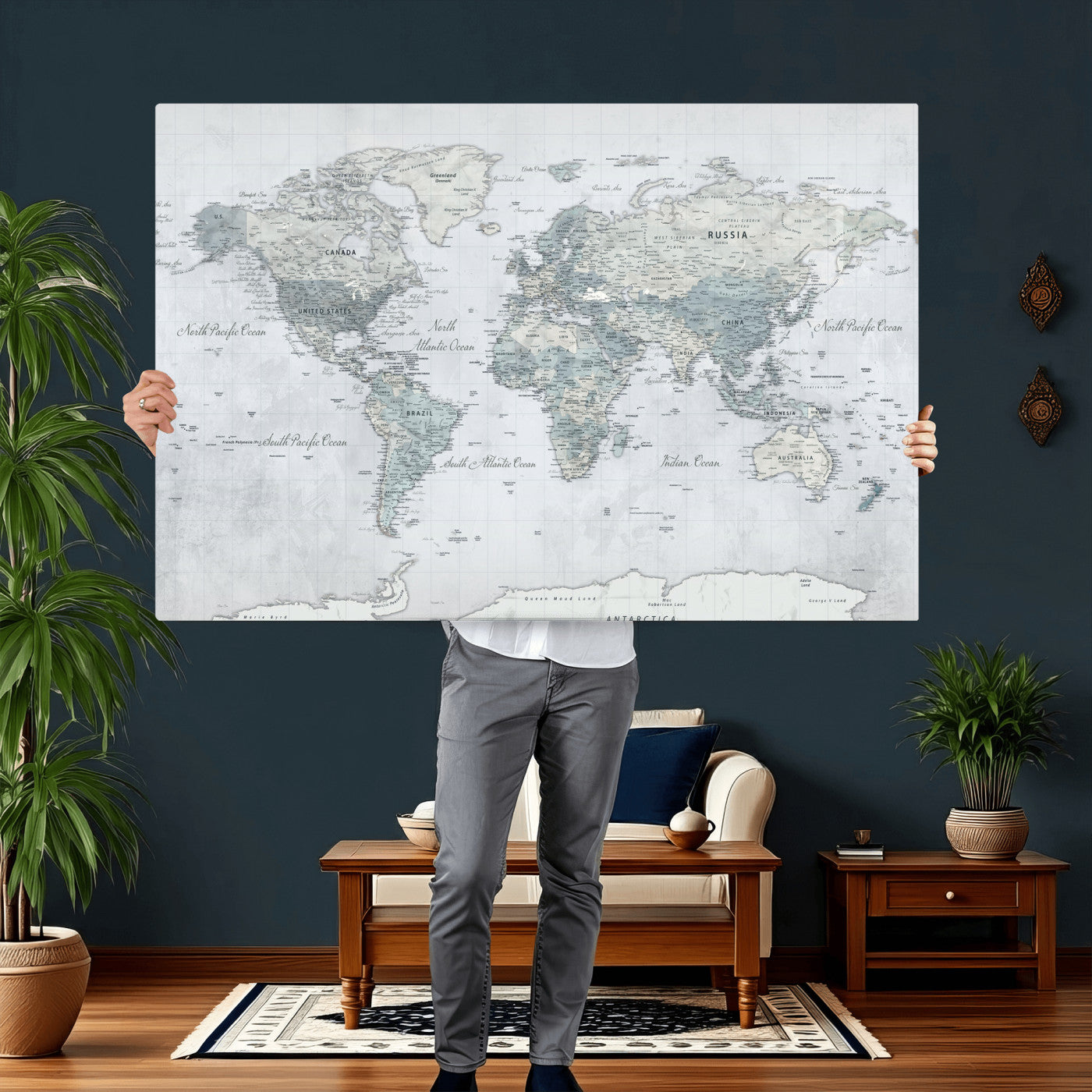 71091917-MGV-CV-36X24 - World Map Wall Art Canvas Print, Modern Decorative Framed Map Artwork Prints for Living Room, Office, Bedroom Wall Decor