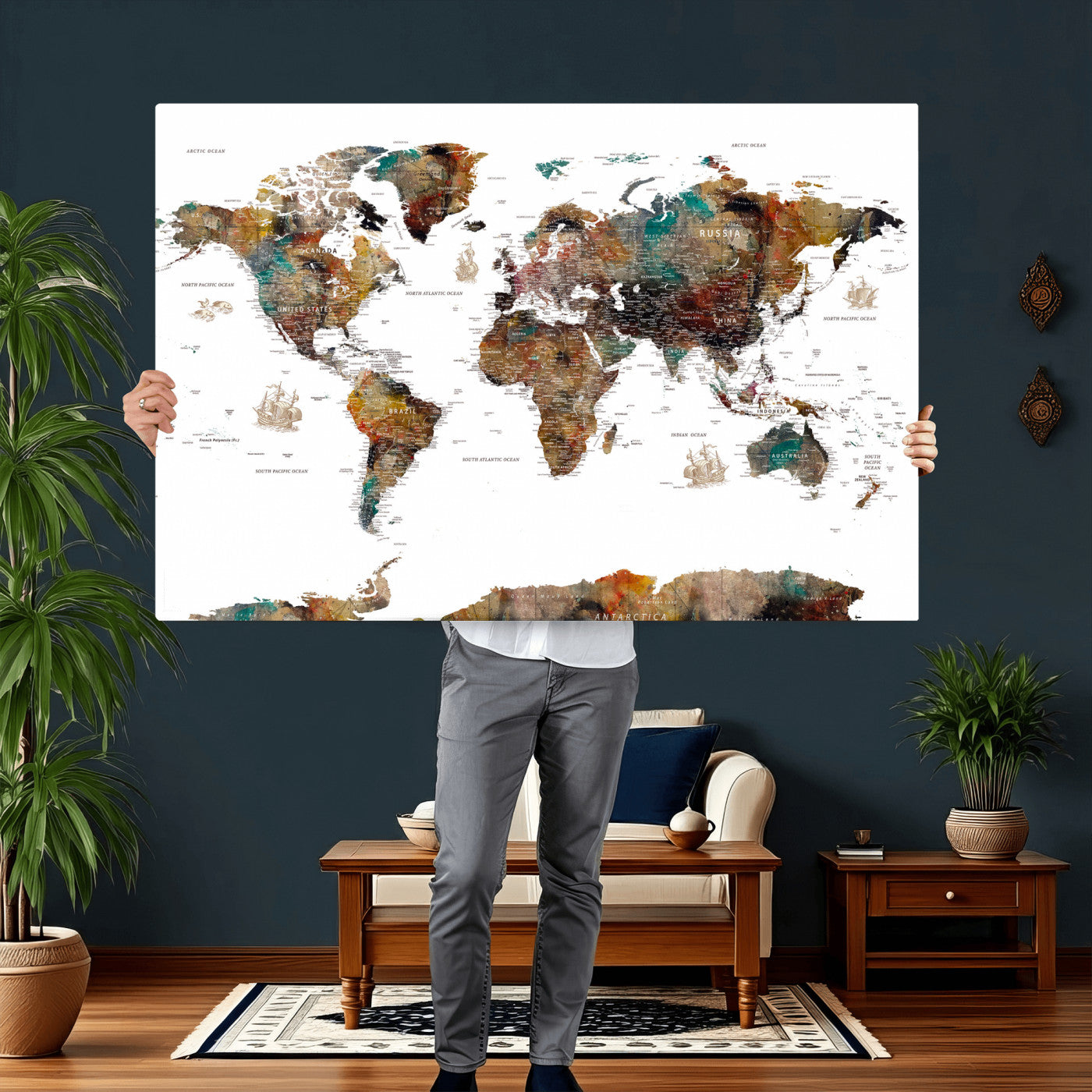 82293175-MGV-CV-36X24 - World Map Wall Art Canvas Print, Modern Decorative Framed Map Artwork Prints for Living Room, Office, Bedroom Wall Decor