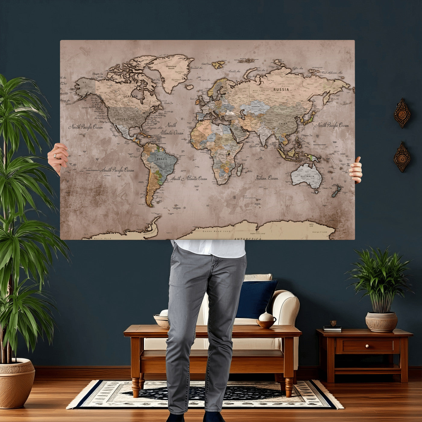 91471273-MGV-CV-36X24 - World Map Wall Art Canvas Print, Modern Decorative Framed Map Artwork Prints for Living Room, Office, Bedroom Wall Decor