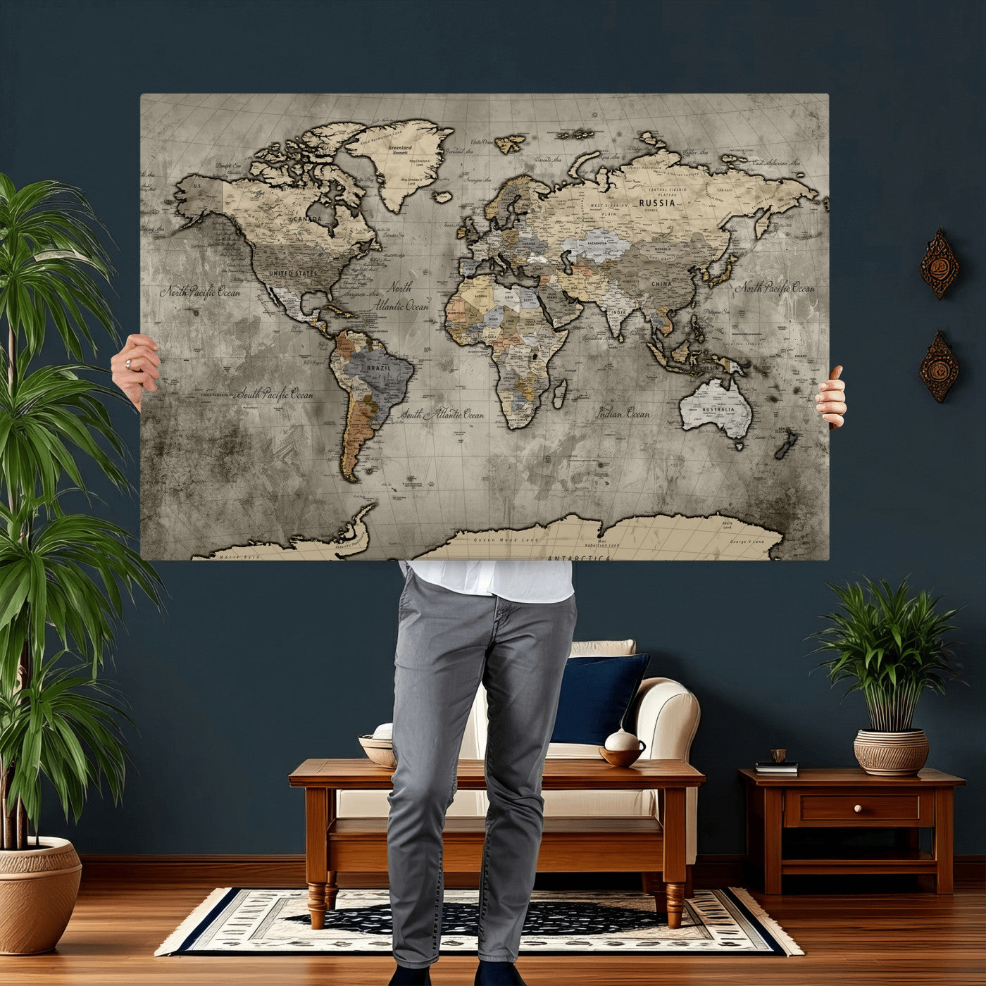 85218700-MGV-CV-36X24 - World Map Wall Art Canvas Print, Modern Decorative Framed Map Artwork Prints for Living Room, Office, Bedroom Wall Decor