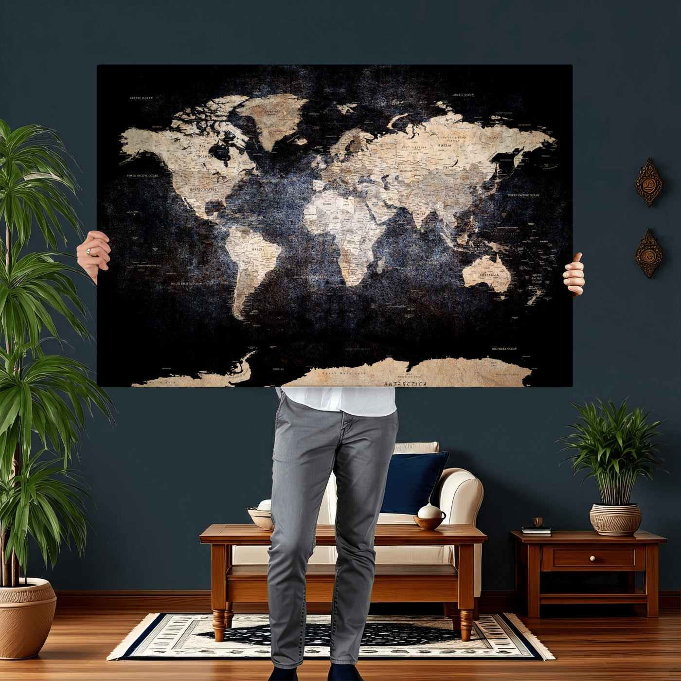 56713386-MGV-CV-36X24 - World Map Wall Art Canvas Print, Modern Decorative Framed Map Artwork Prints for Living Room, Office, Bedroom Wall Decor