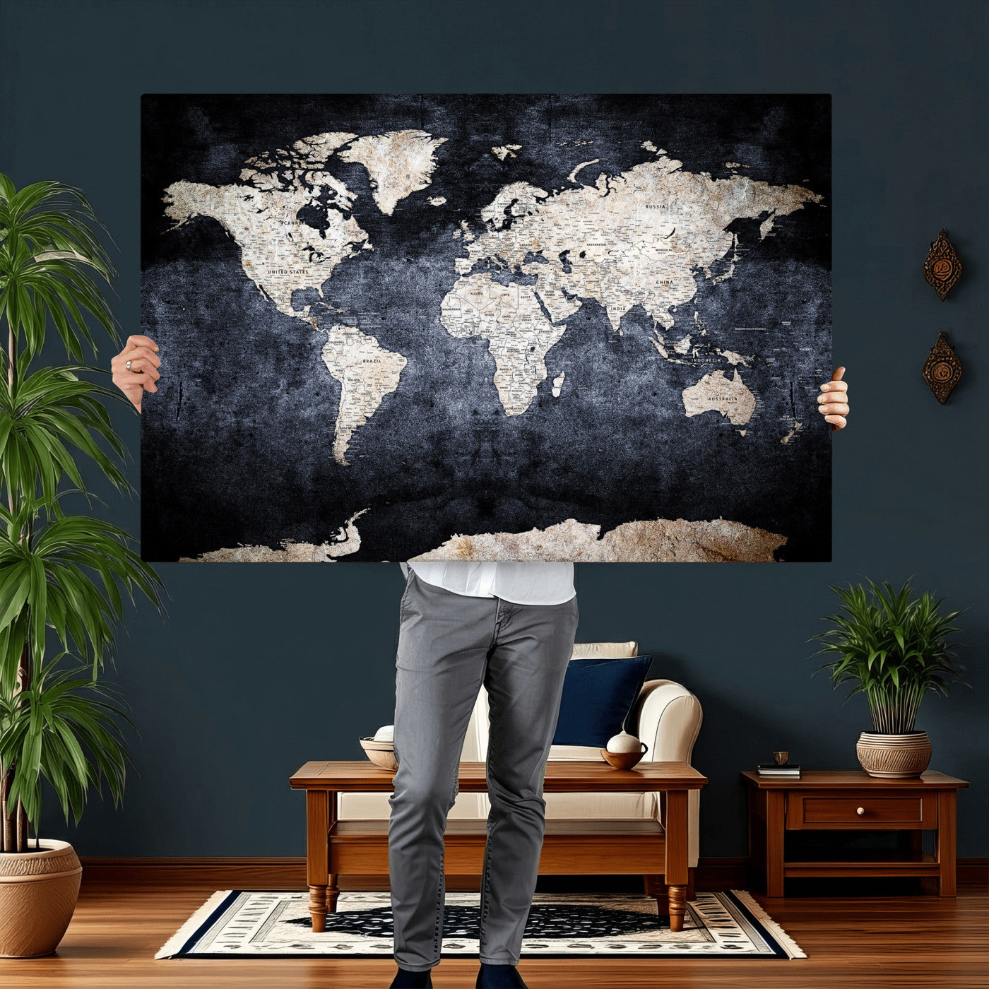 41193404-MGV-CV-36X24 - World Map Wall Art Canvas Print, Modern Decorative Framed Map Artwork Prints for Living Room, Office, Bedroom Wall Decor