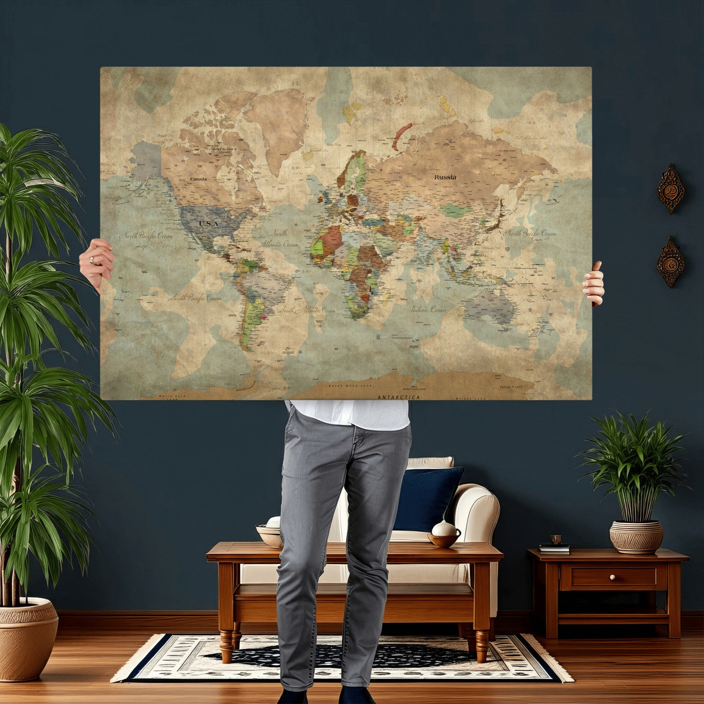 31492148-MGV-CV-36X24 - World Map Wall Art Canvas Print, Modern Decorative Framed Map Artwork Prints for Living Room, Office, Bedroom Wall Decor