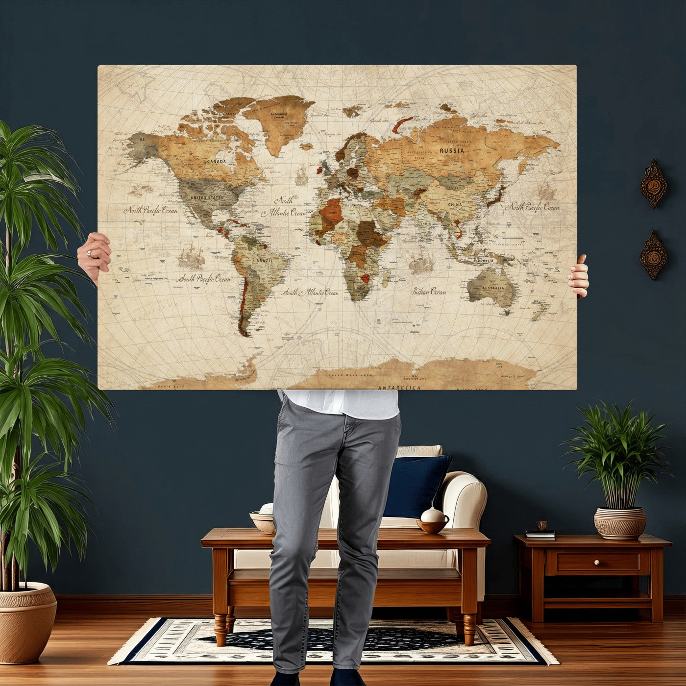 29684537-MGV-CV-36X24 - World Map Wall Art Canvas Print, Modern Decorative Framed Map Artwork Prints for Living Room, Office, Bedroom Wall Decor