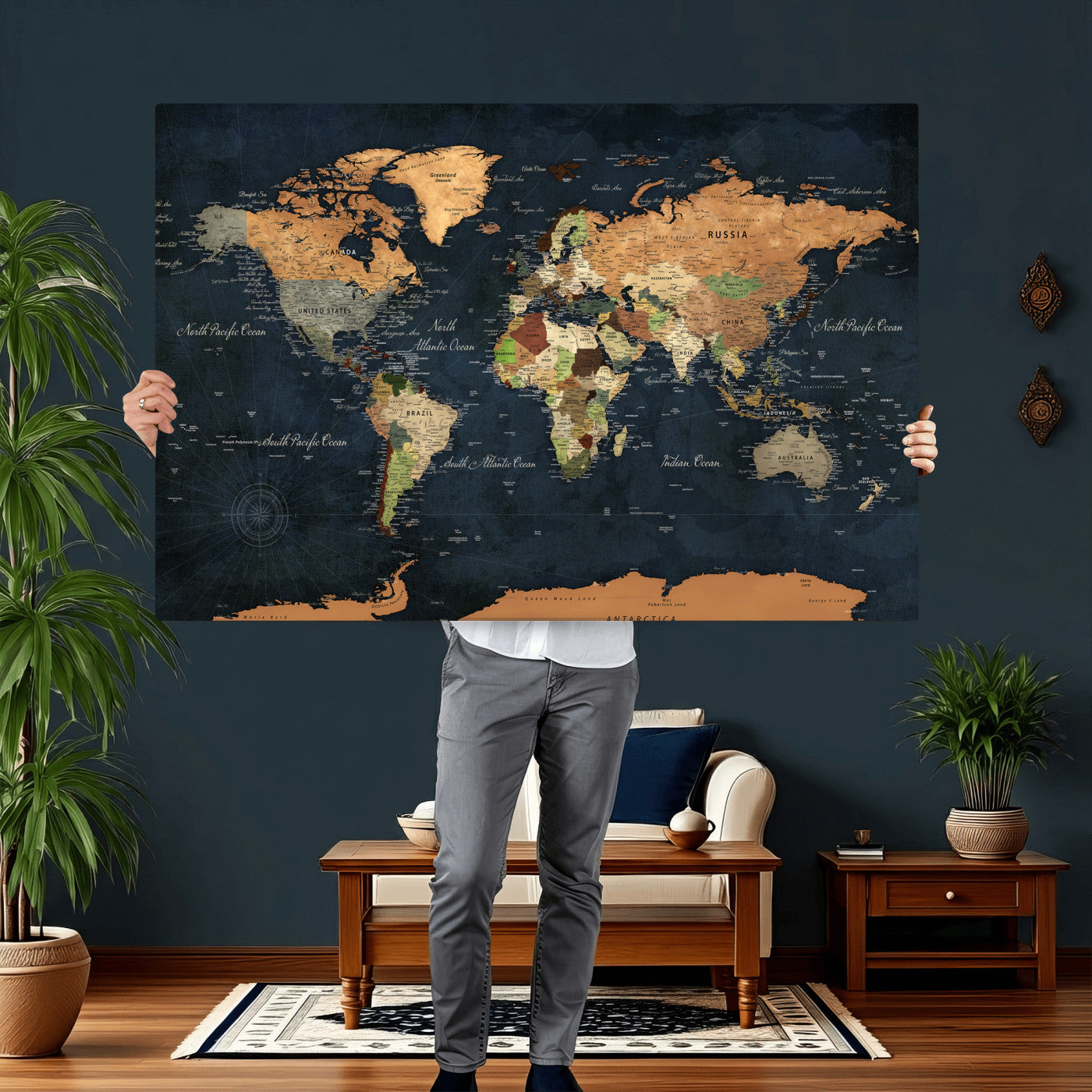 53717402-MGV-CV-36X24 - World Map Wall Art Canvas Print, Modern Decorative Framed Map Artwork Prints for Living Room, Office, Bedroom Wall Decor