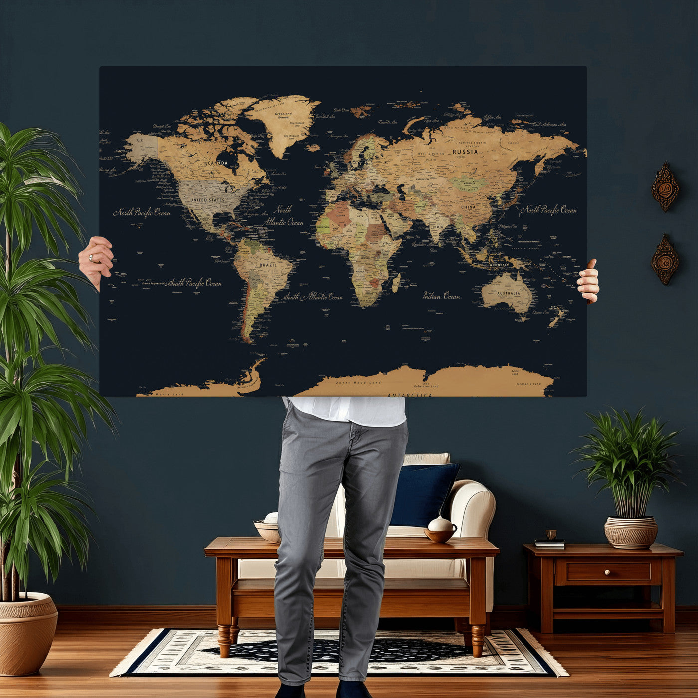 36916368-MGV-CV-36X24 - World Map Wall Art Canvas Print, Modern Decorative Framed Map Artwork Prints for Living Room, Office, Bedroom Wall Decor