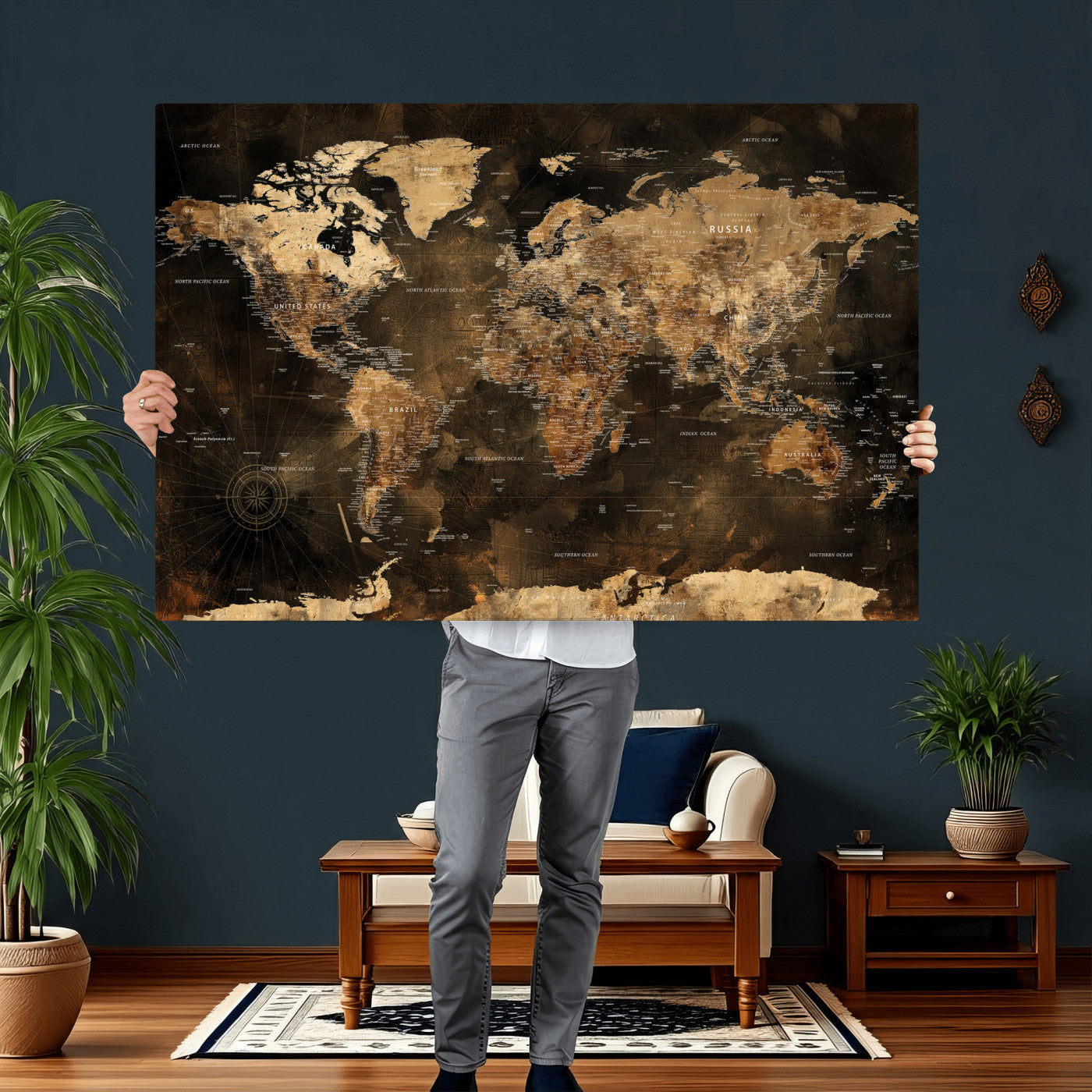 97742922-MGV-CV-36X24 - World Map Wall Art Canvas Print, Modern Decorative Framed Map Artwork Prints for Living Room, Office, Bedroom Wall Decor